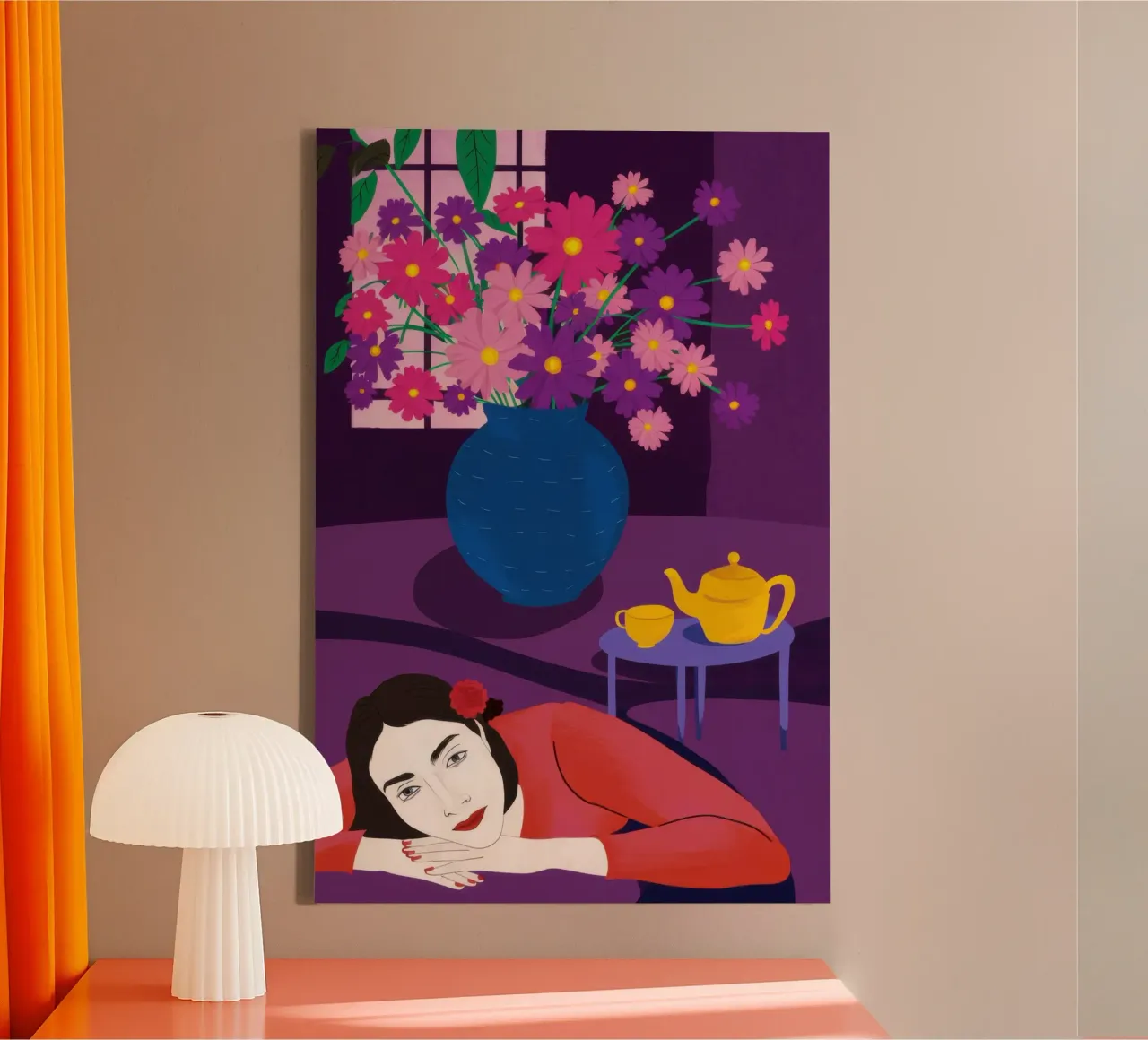 Paarse vaas Stilte canvas met Baklijst van Marigold Tiga