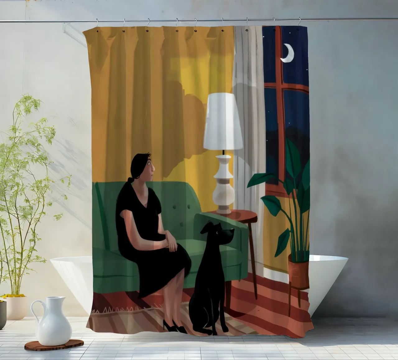 Nächtliche Sofa-Katze Duschvorhang von Sentinel Glow
