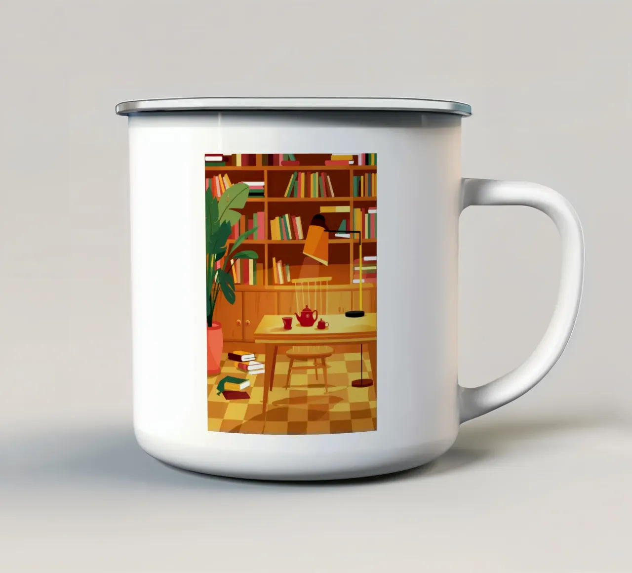 Bibliotheek leeshoek emaille mok van Marigold Tiga