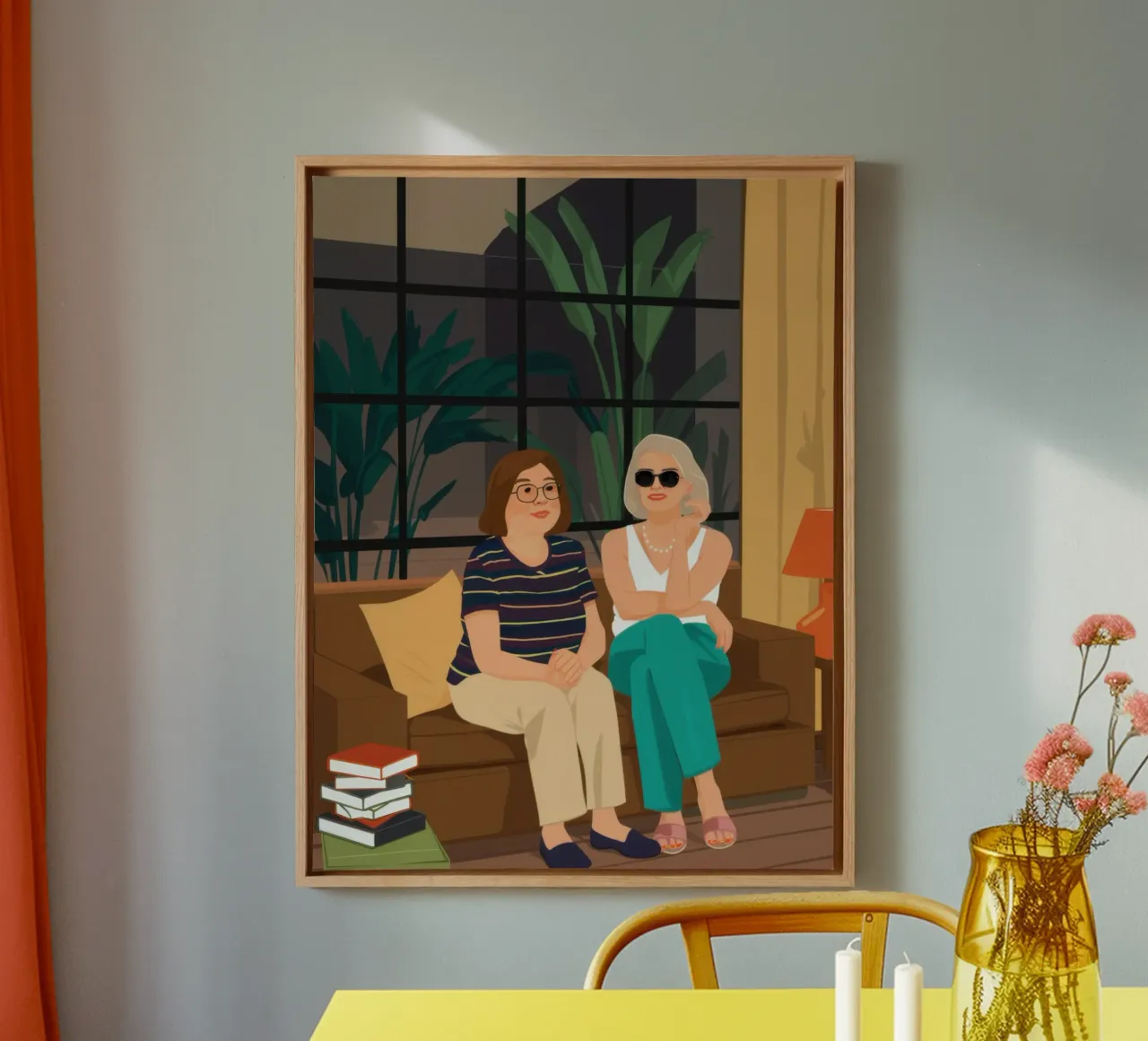 Reading with Sunglasses canvas with Floater frame by Pale Aura