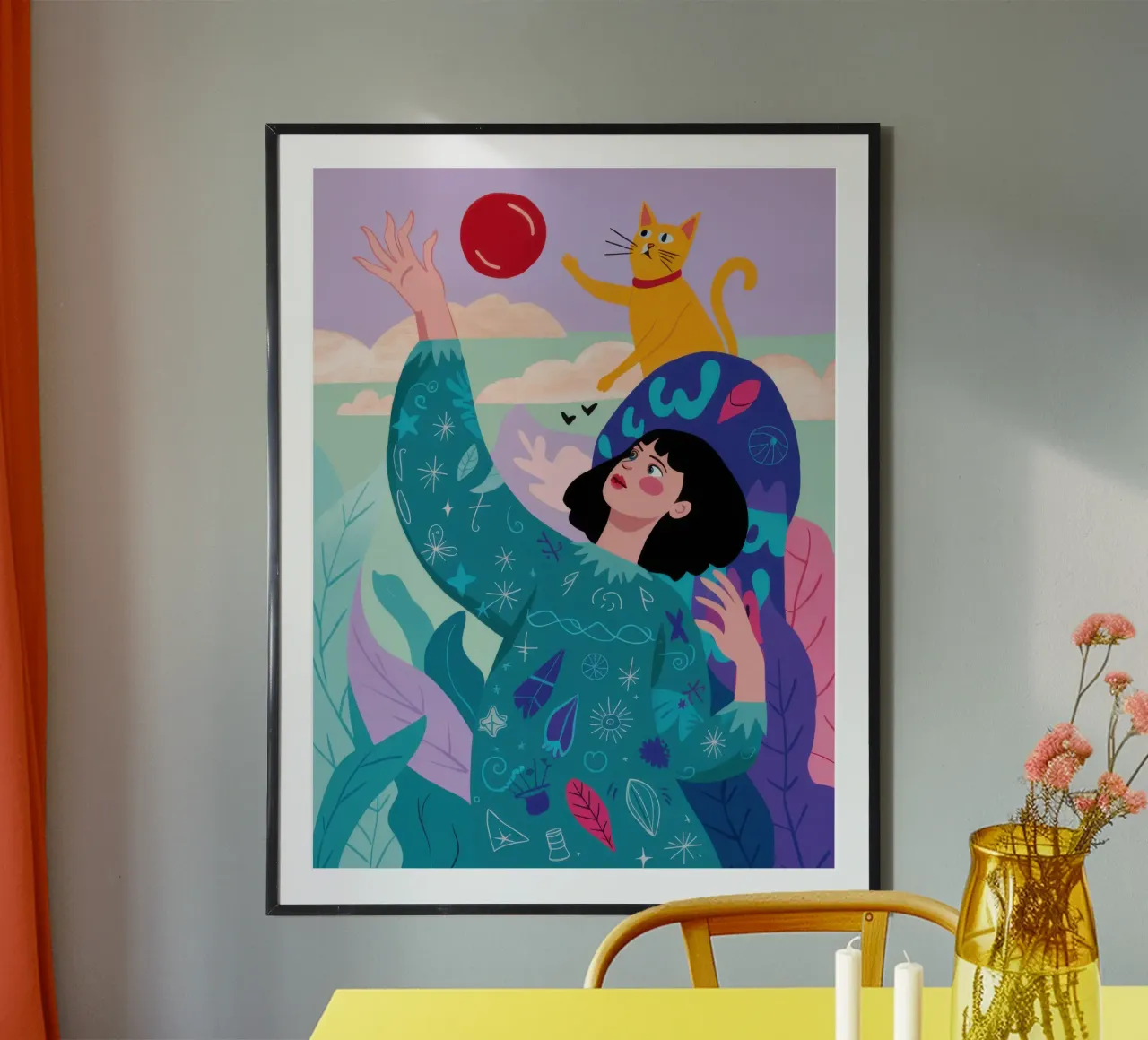 Gatto e gomitolo poster con telaio in alluminio da Marigold Tiga