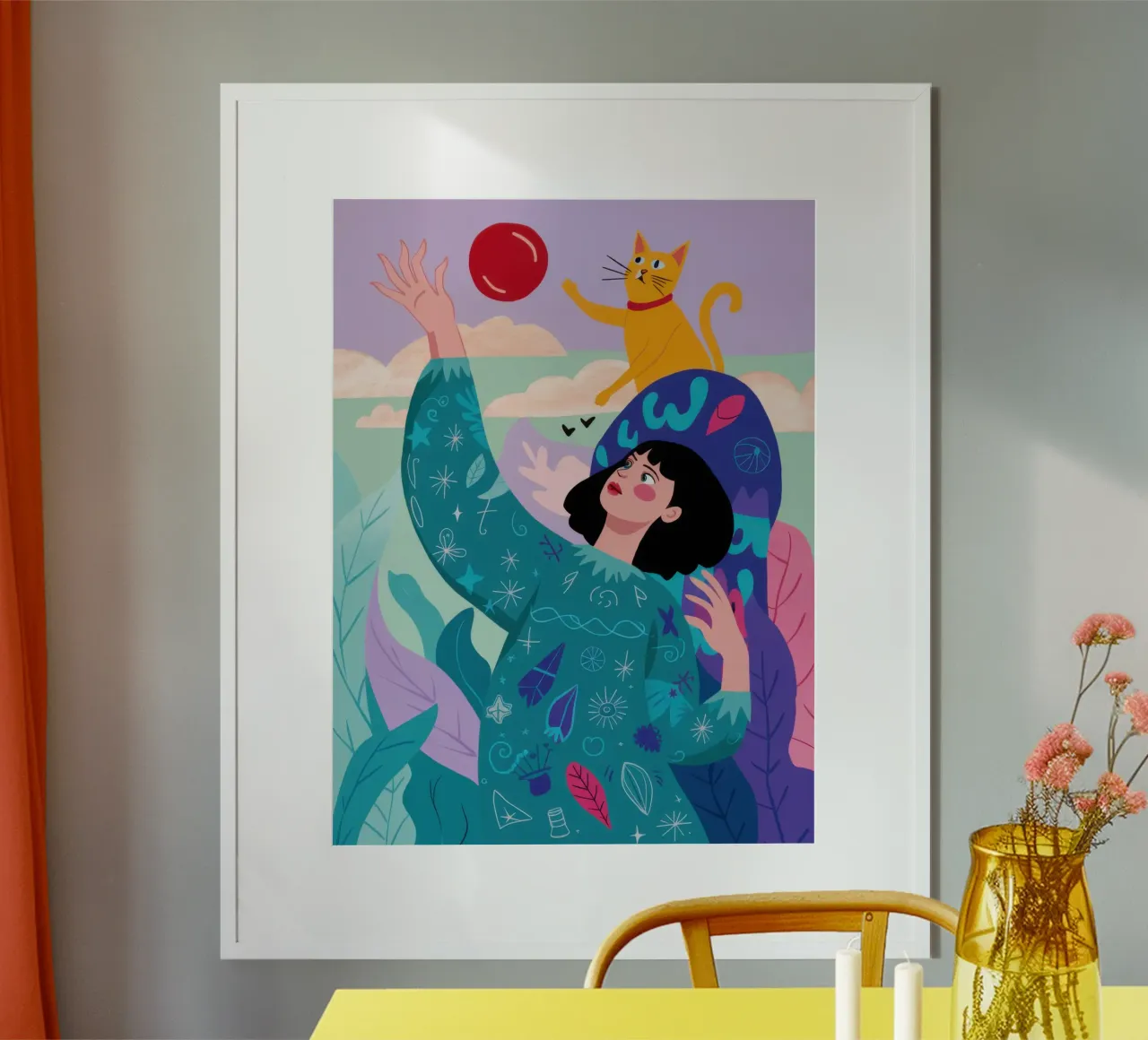 Gatto e gomitolo poster con telaio in alluminio da Marigold Tiga