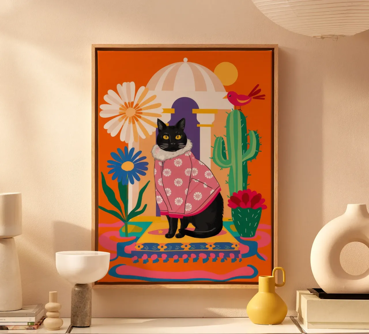 Gatto Cactus Dandy tela con Cornice a cassetta da Stone Decade