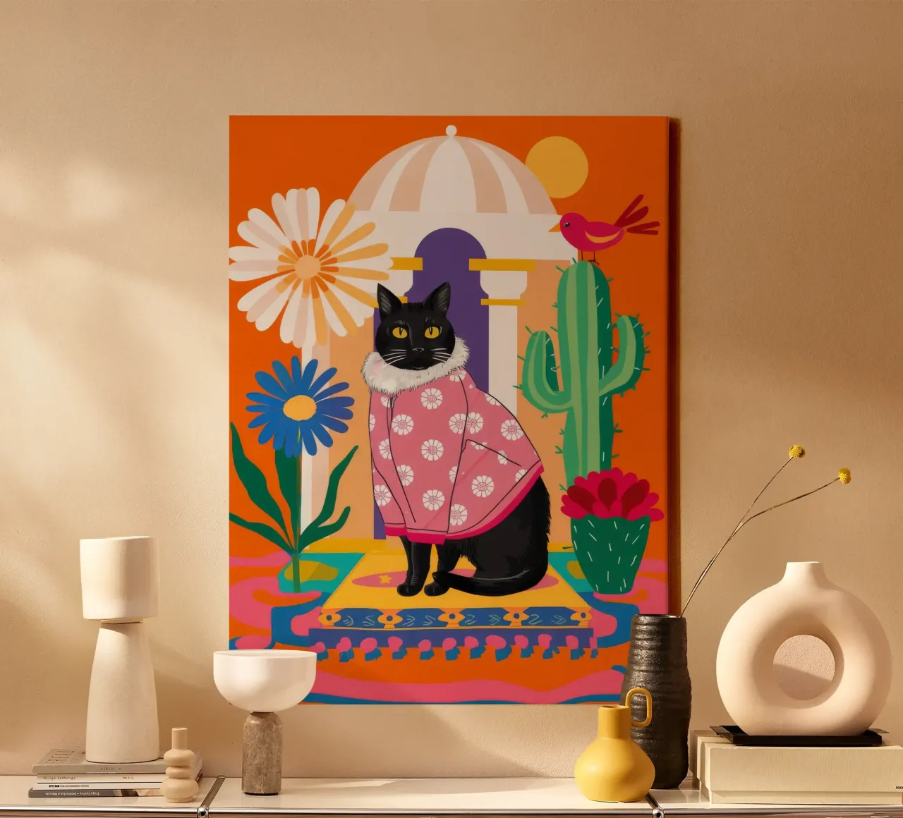 Gatto Cactus Dandy tela con Cornice a cassetta da Stone Decade