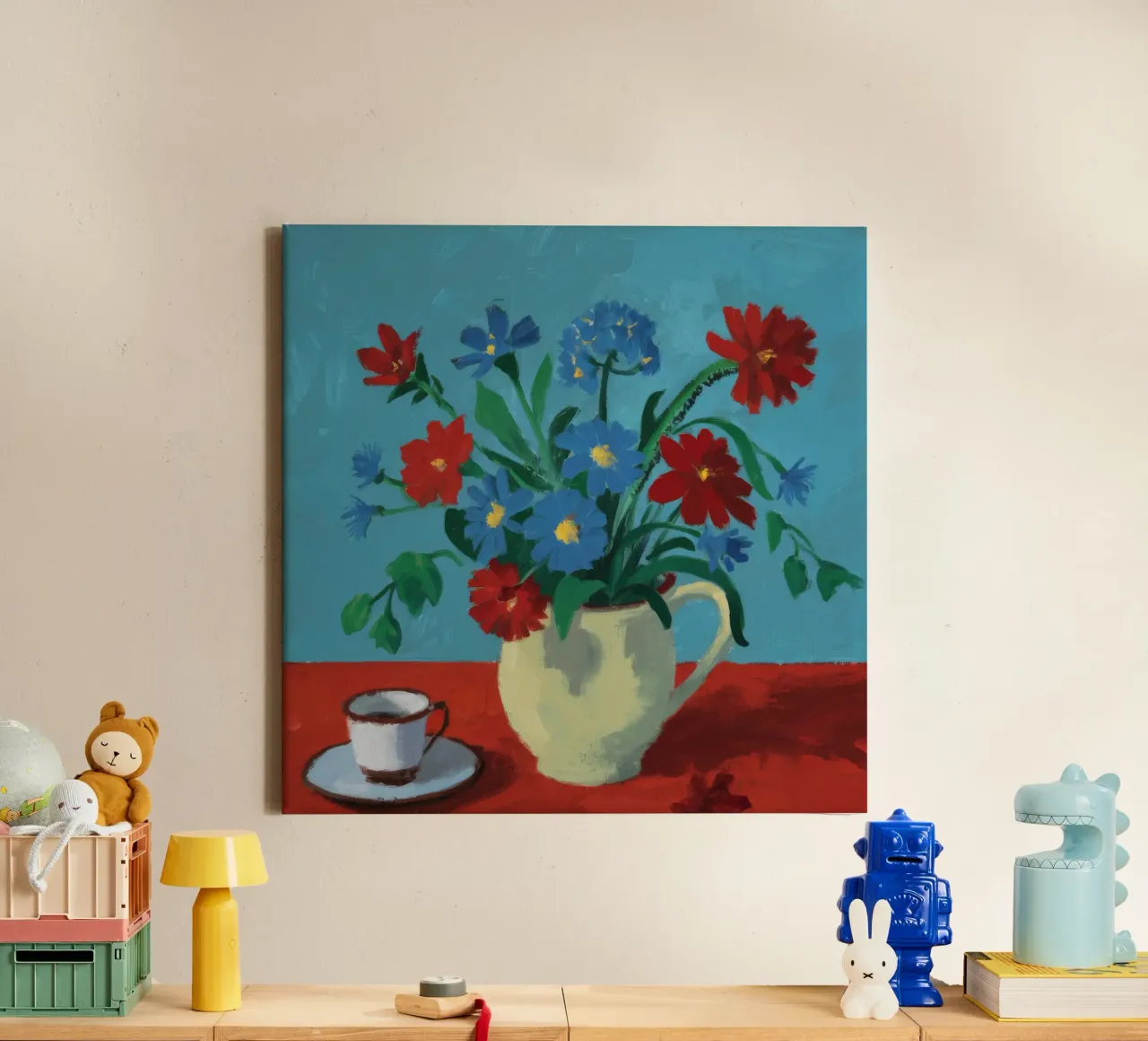 Rote Mohnblumen Weißer Krug Leinwand mit Schattenfugenrahmen von Stone Decade