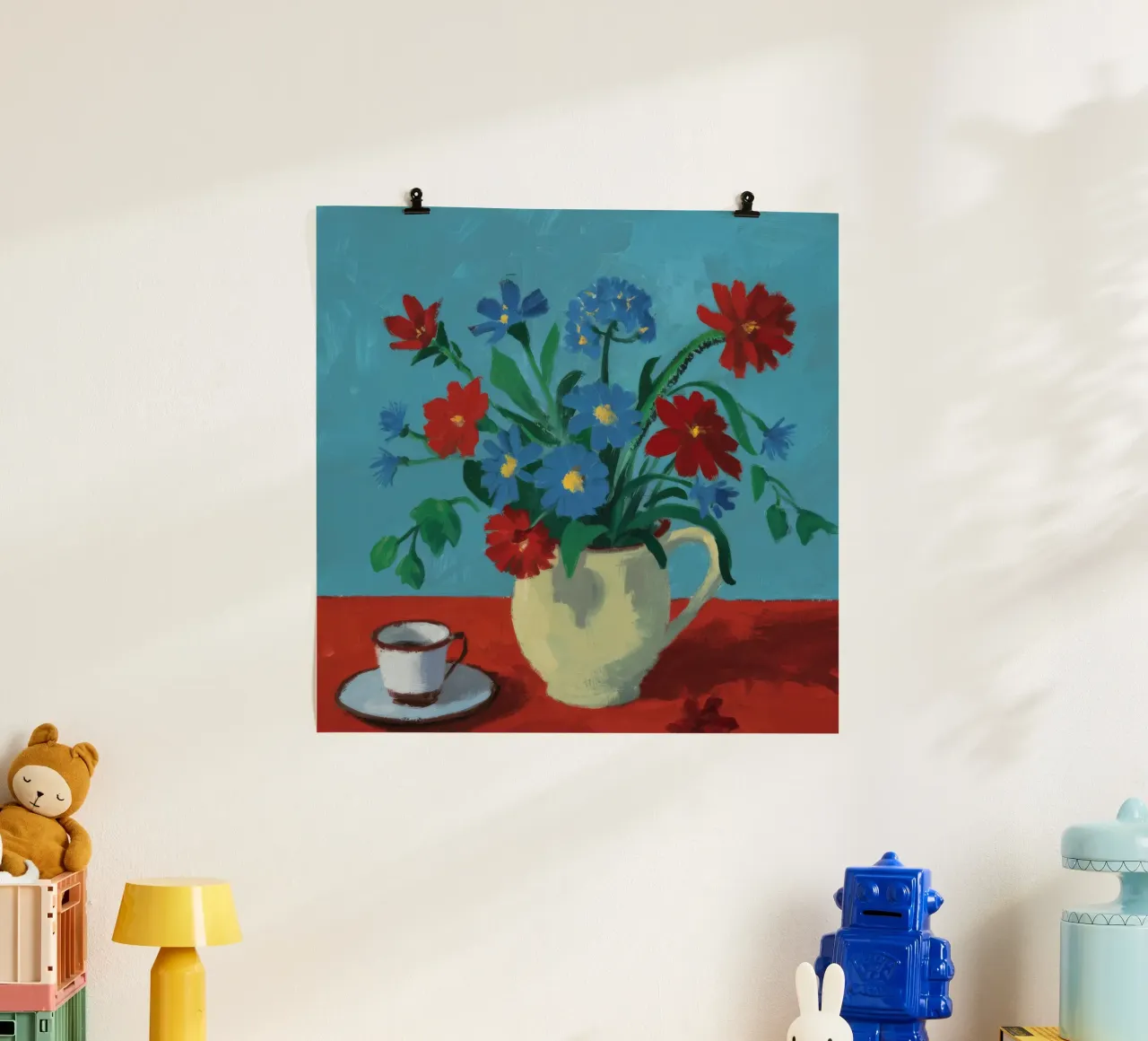 Rote Mohnblumen Weißer Krug Poster von Stone Decade