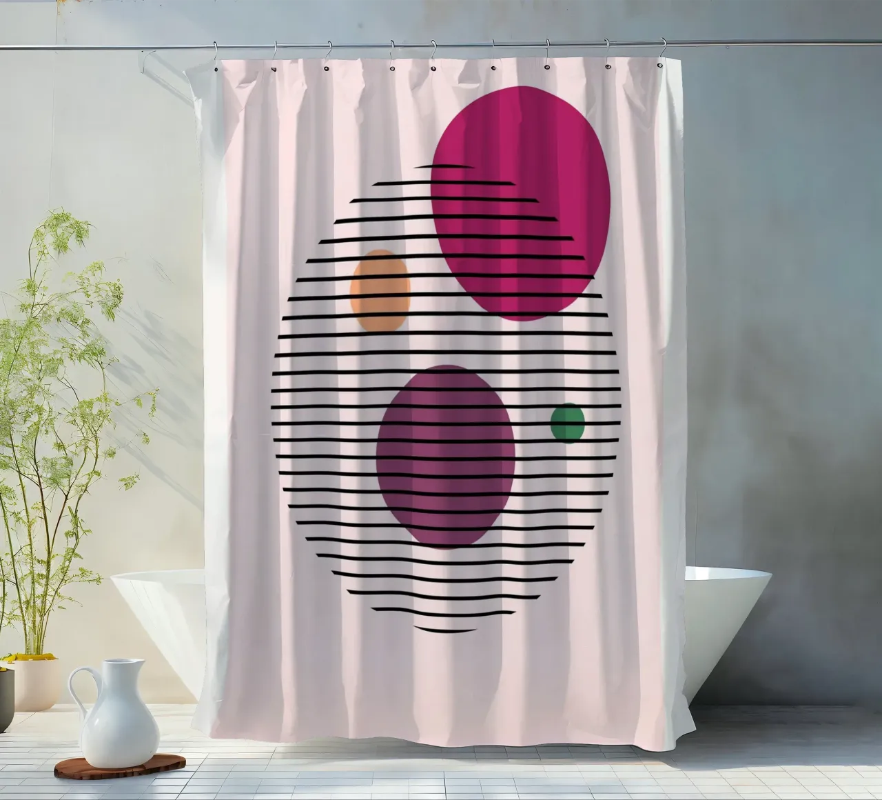 Abstract Circles – Geometrische Kunst in Rosa Duschvorhang von Studio Vibe