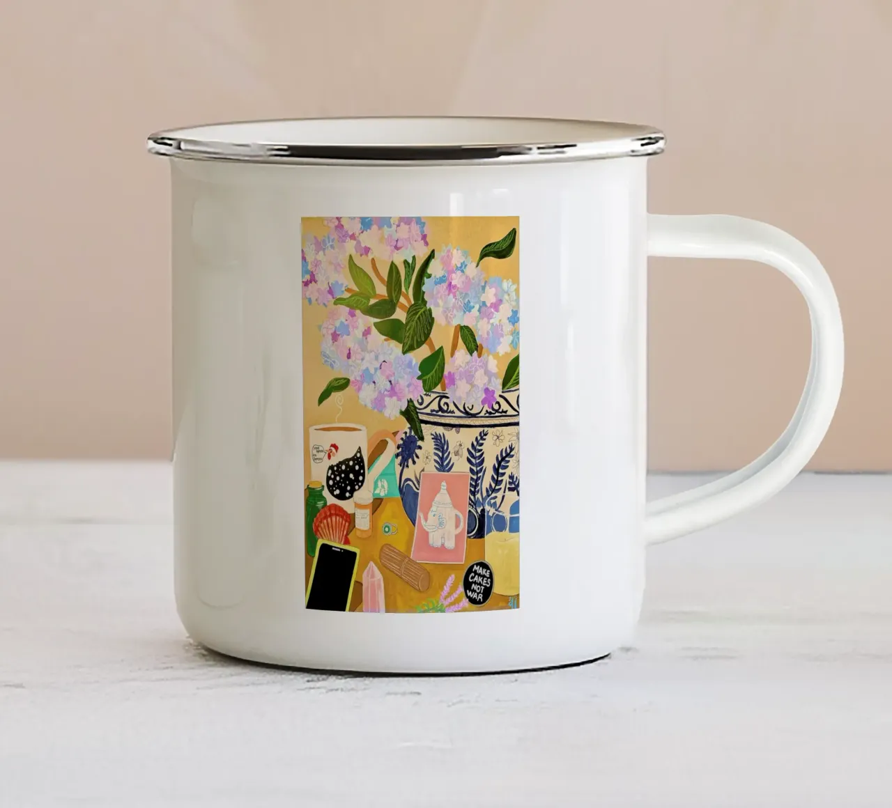 Random Stuff enamel mug by Paloma Kua