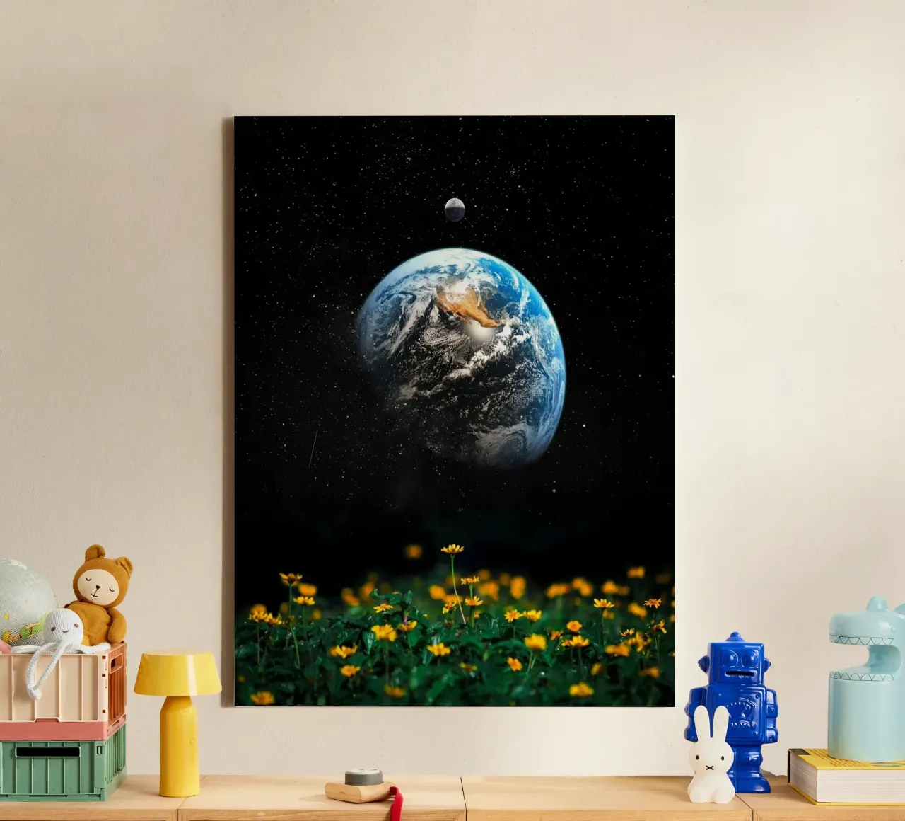 Aarde in de ruimte met gele bloemen canvas met Baklijst van Cute Art