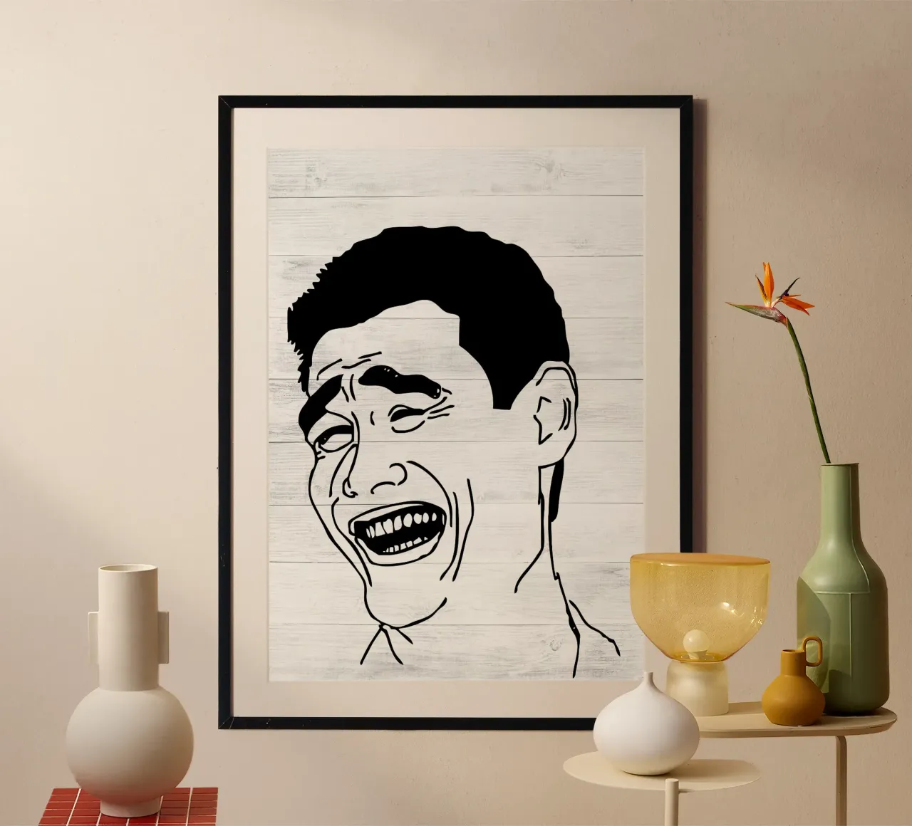 faccia da uomo che ride poster con telaio in plastica da Robert W Wakefield