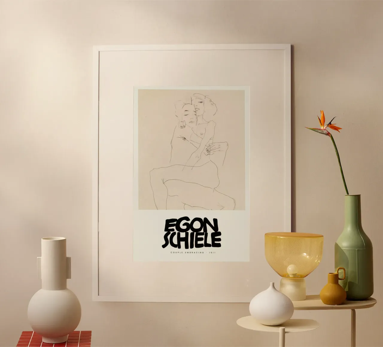 Schiele - Couple Embracing III poster con telaio in legno da Vintage by JUNIQE