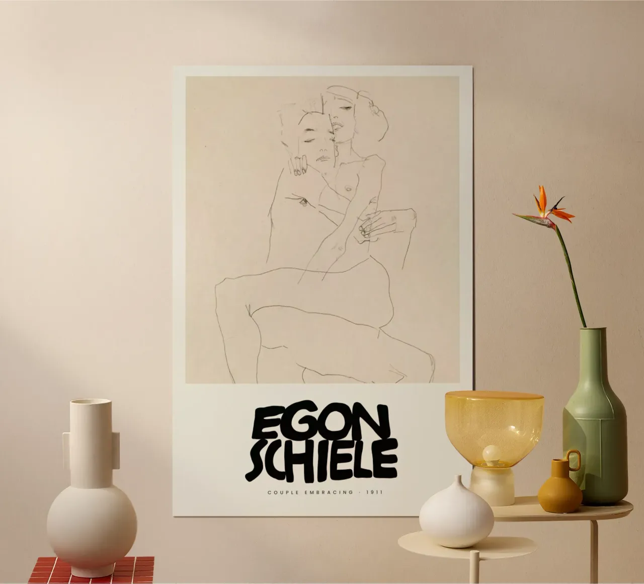 Schiele - Couple Embracing III poster con telaio in legno da Vintage by JUNIQE