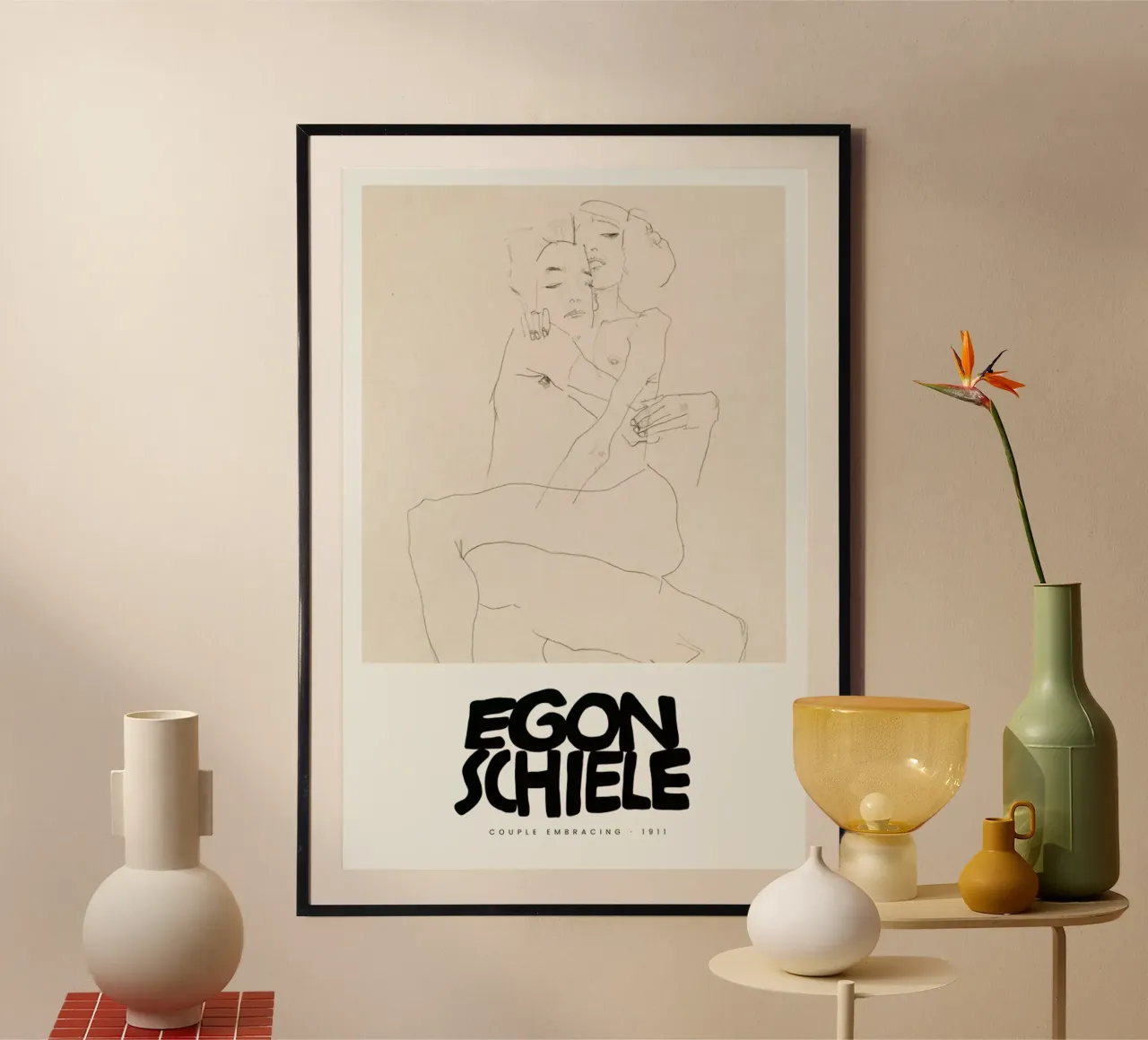 Schiele - Couple Embracing III poster con telaio in legno da Vintage by JUNIQE