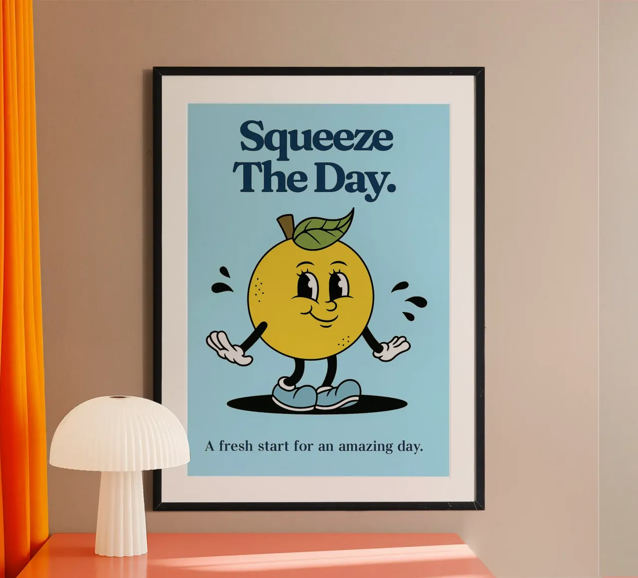 Squeeze The Day Orang Frucht Poster mit Holzrahmen von oneroad