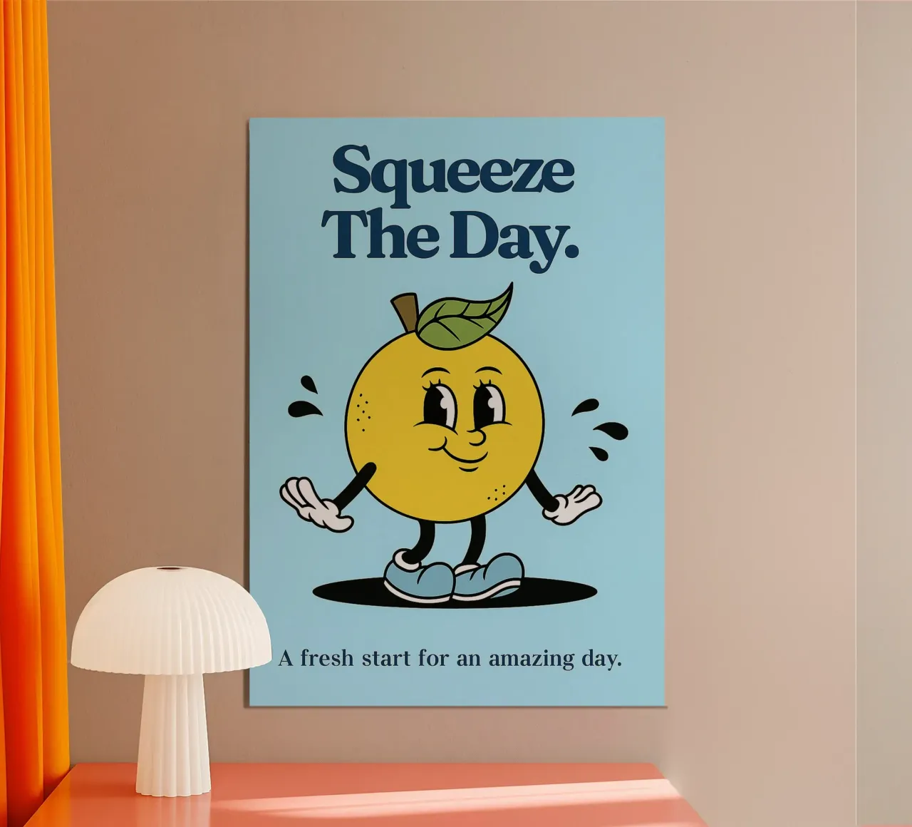Squeeze The Day Orang Frucht Poster mit Holzrahmen von oneroad