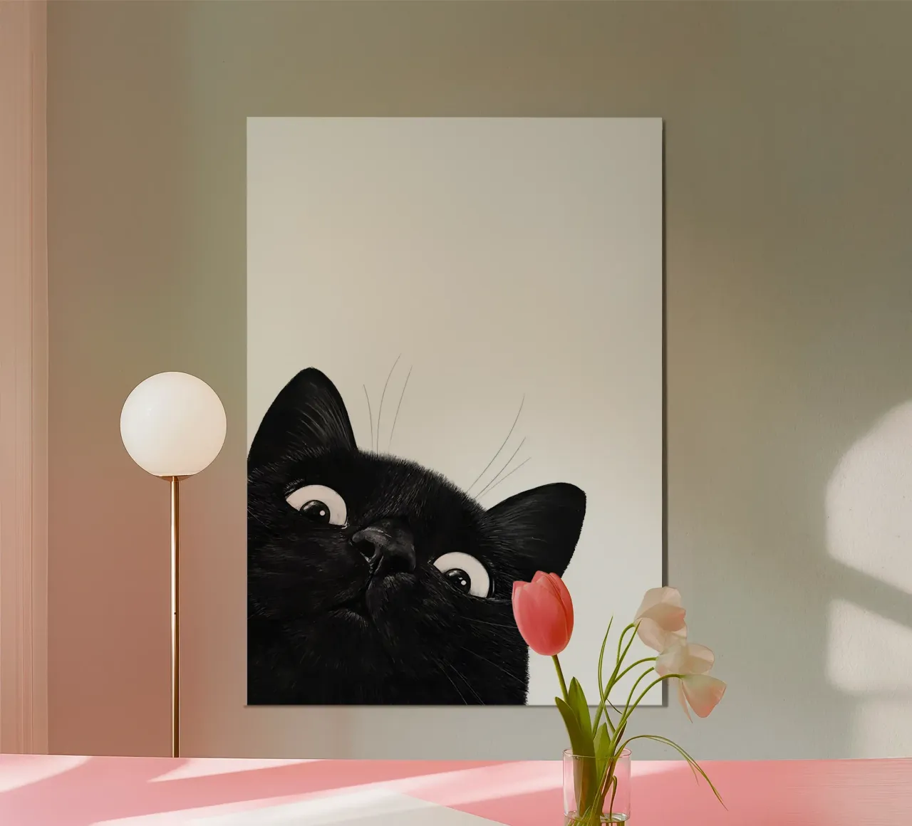 Nieuwsgierige zwarte kat poster met houten frame van Matthew P Link