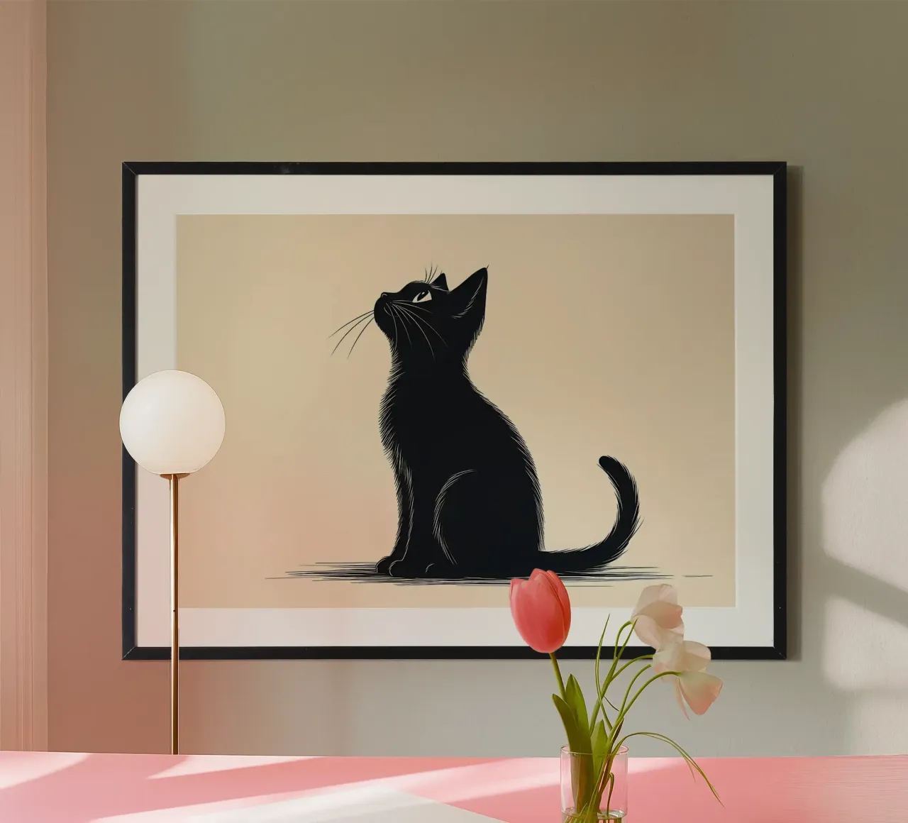 Silhouette di gatto nero poster con telaio in alluminio da Matthew P Link