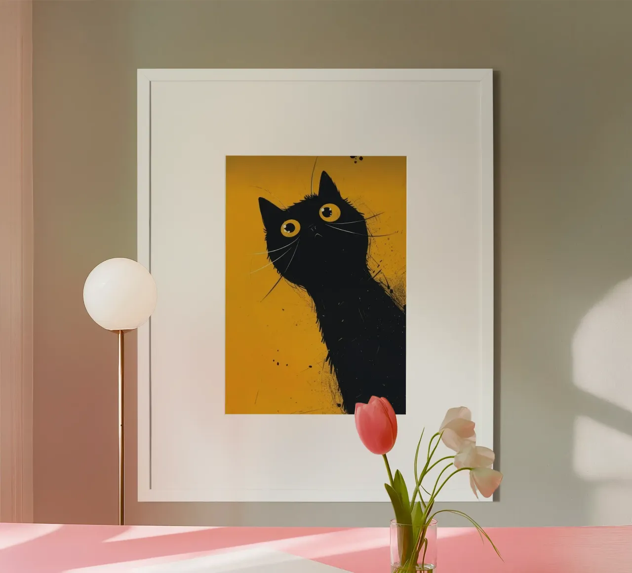 Chat noir sur fond jaune poster avec cadre en aluminium de Matthew P Link