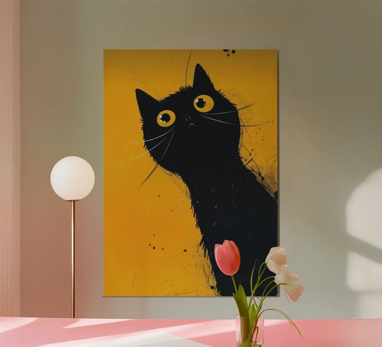 Chat noir sur fond jaune poster avec cadre en aluminium de Matthew P Link