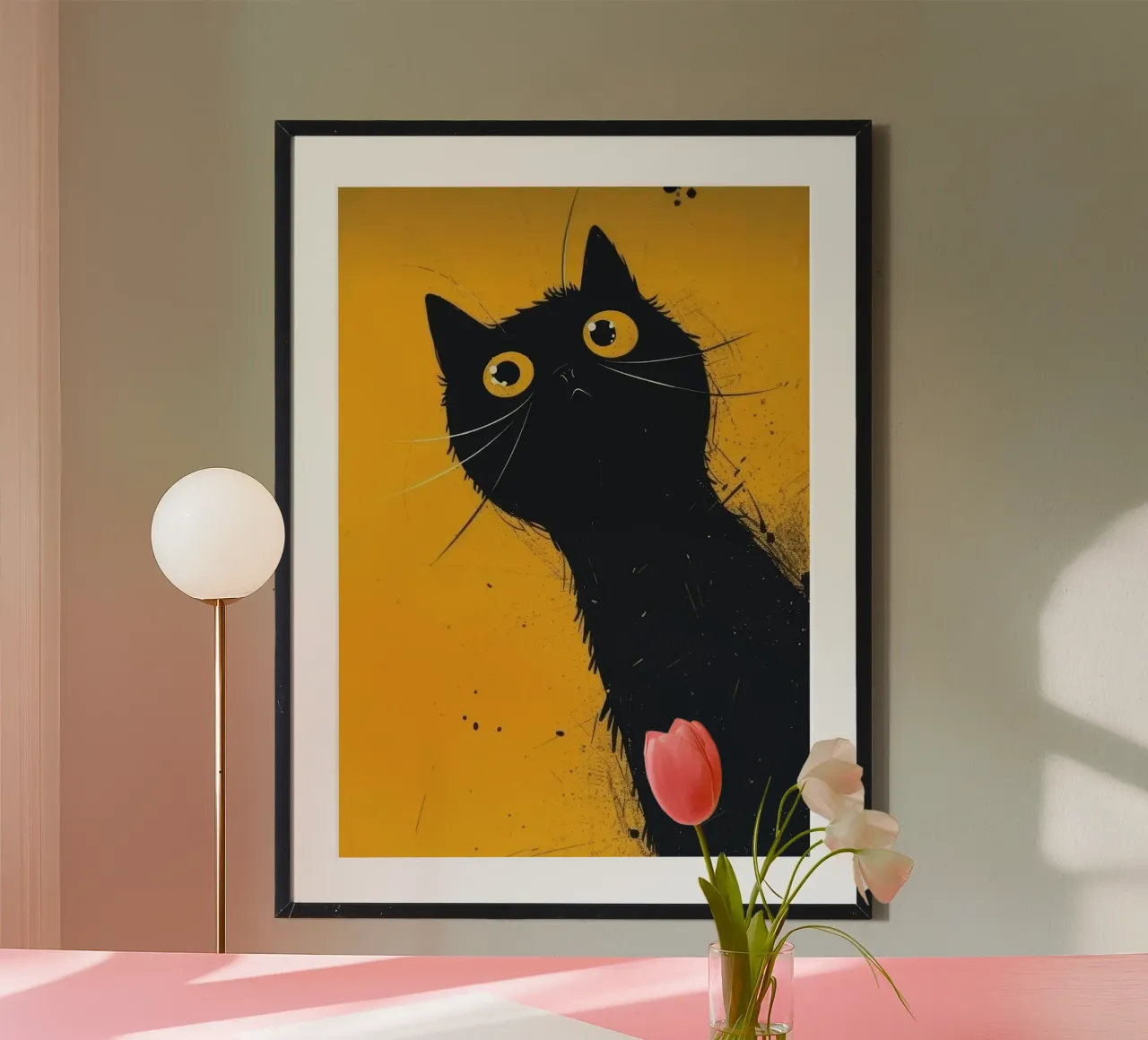 Chat noir sur fond jaune poster avec cadre en aluminium de Matthew P Link
