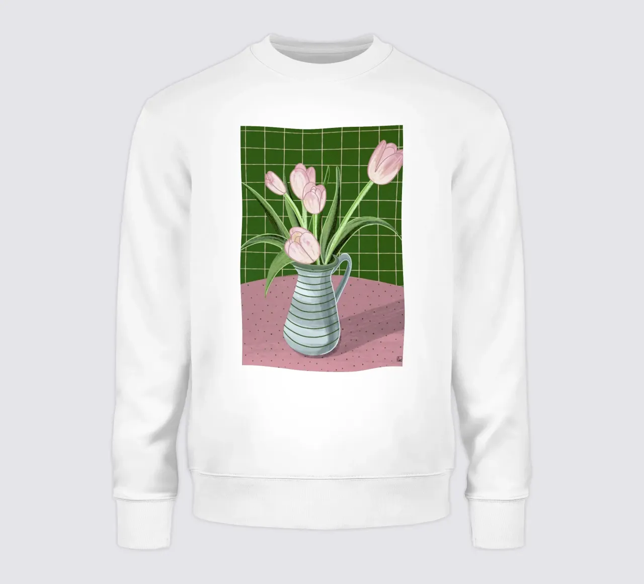 Pink Tulips On Green Checkered Tablecloth felpa da Be Mart