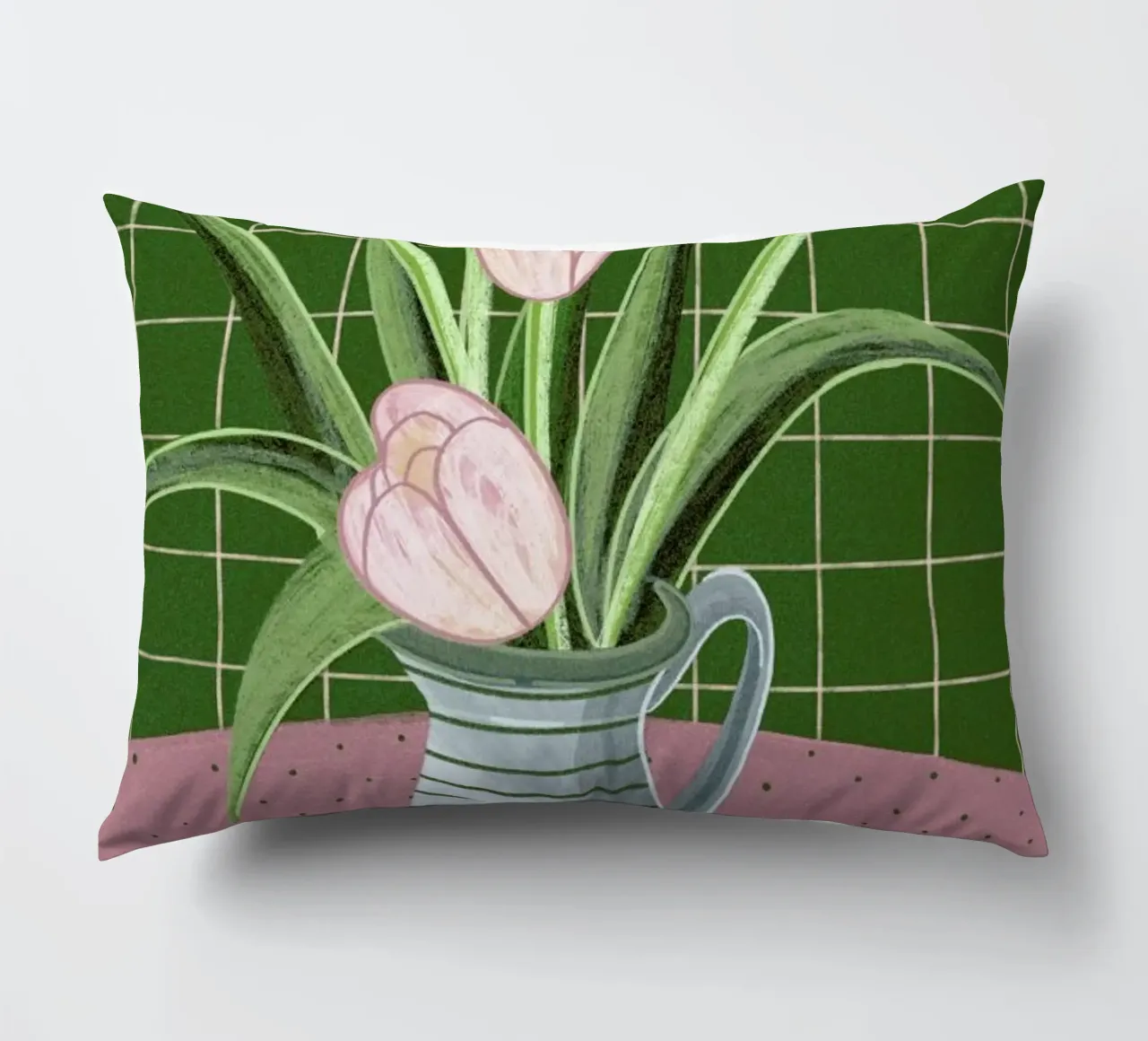 Pink Tulips On Green Checkered Tablecloth cuscino da Be Mart