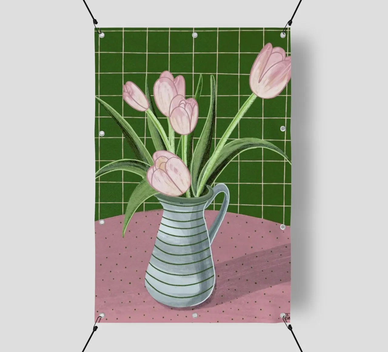 Pink Tulips On Green Checkered Tablecloth telo in pvc da Be Mart