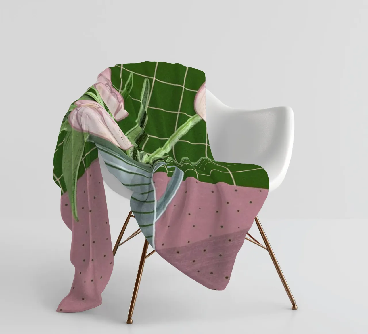 Pink Tulips On Green Checkered Tablecloth coperta in pile da Be Mart