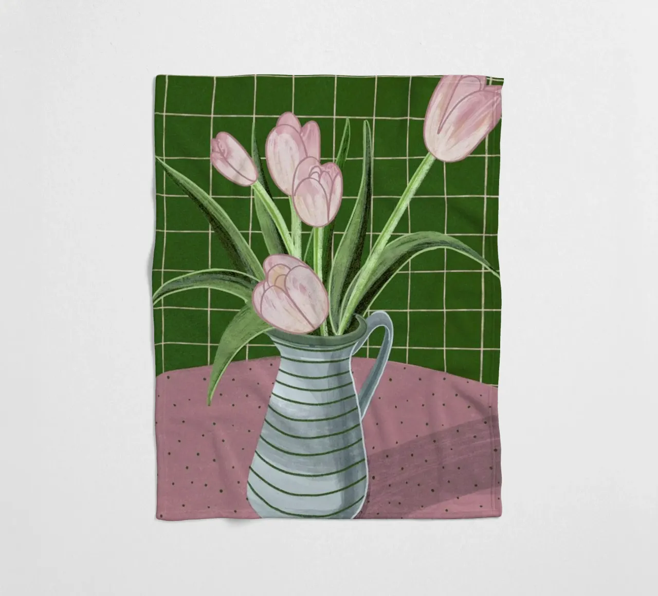 Pink Tulips On Green Checkered Tablecloth coperta in pile da Be Mart