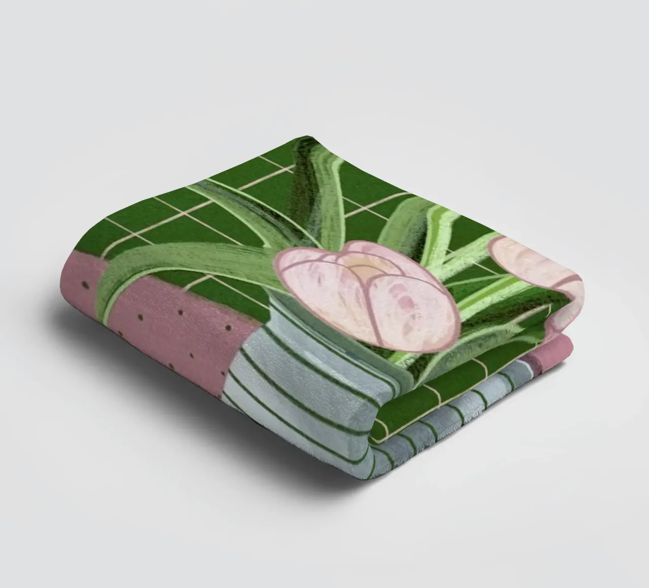 Pink Tulips On Green Checkered Tablecloth asciugamano da bagno da Be Mart