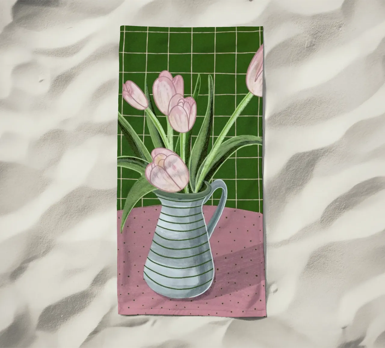 Pink Tulips On Green Checkered Tablecloth telo mare da Be Mart
