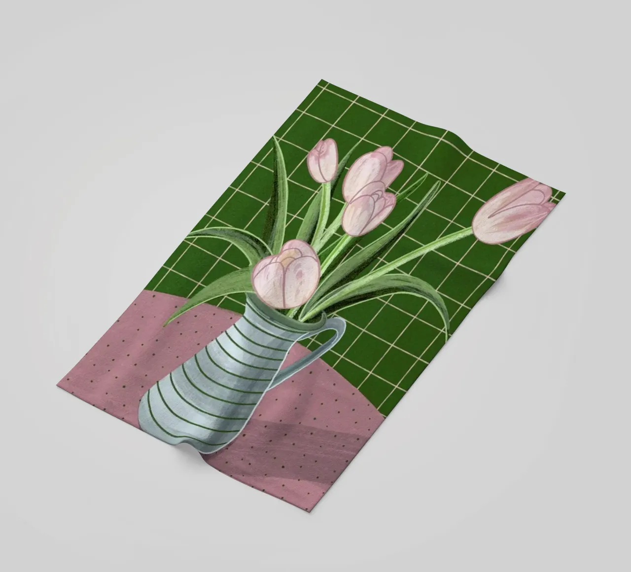 Pink Tulips On Green Checkered Tablecloth telo mare da Be Mart
