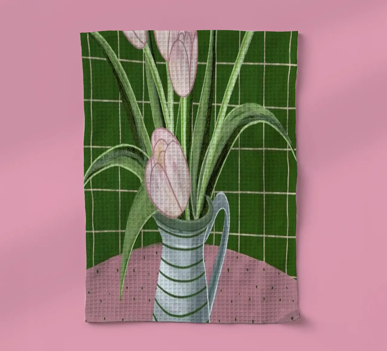 Pink Tulips On Green Checkered Tablecloth canovaccio da cucina da Be Mart