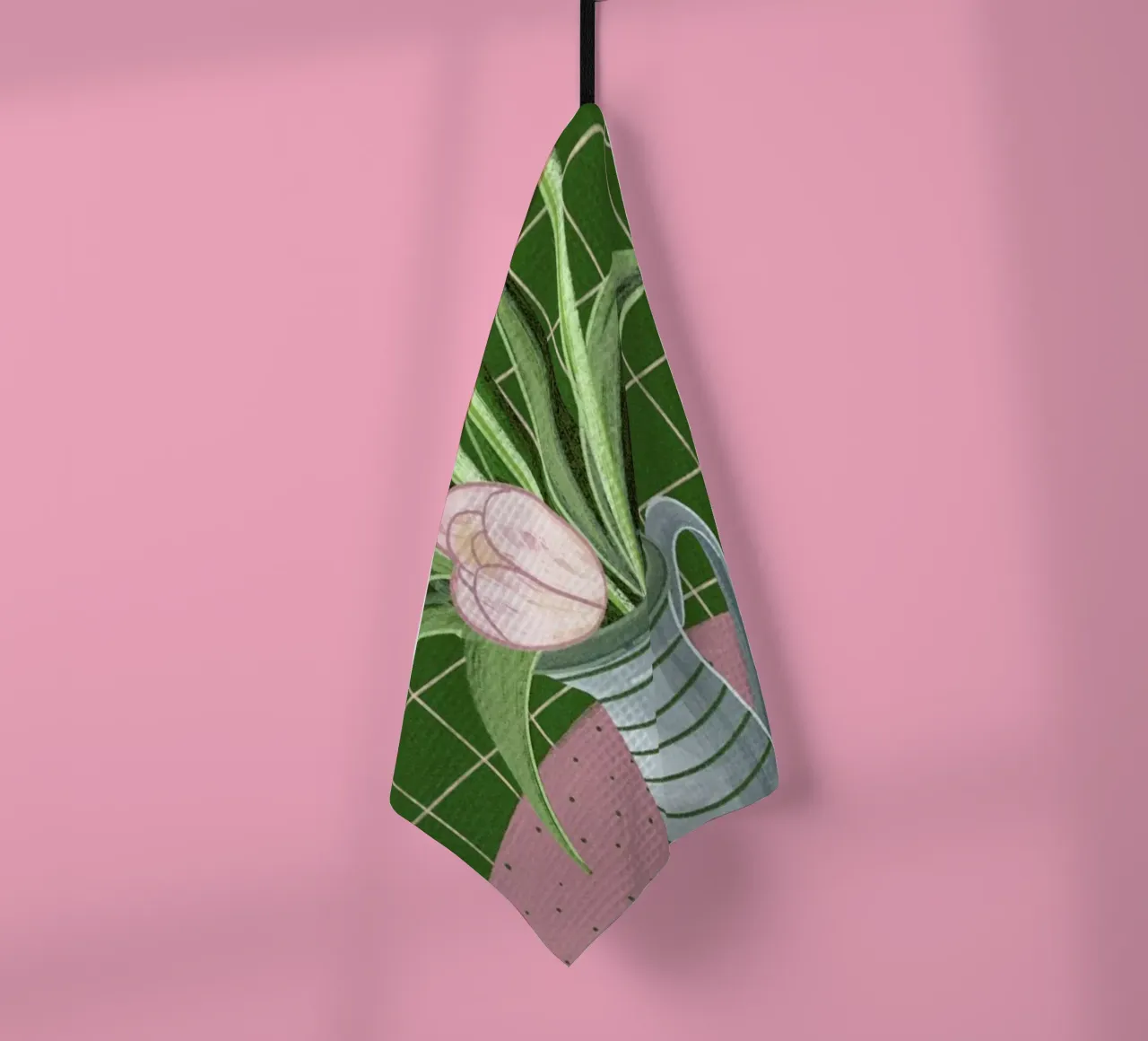 Pink Tulips On Green Checkered Tablecloth canovaccio da cucina da Be Mart