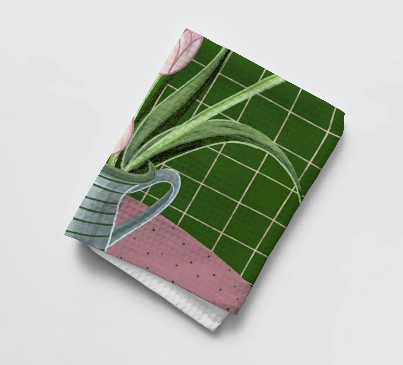 Pink Tulips On Green Checkered Tablecloth canovaccio da cucina da Be Mart