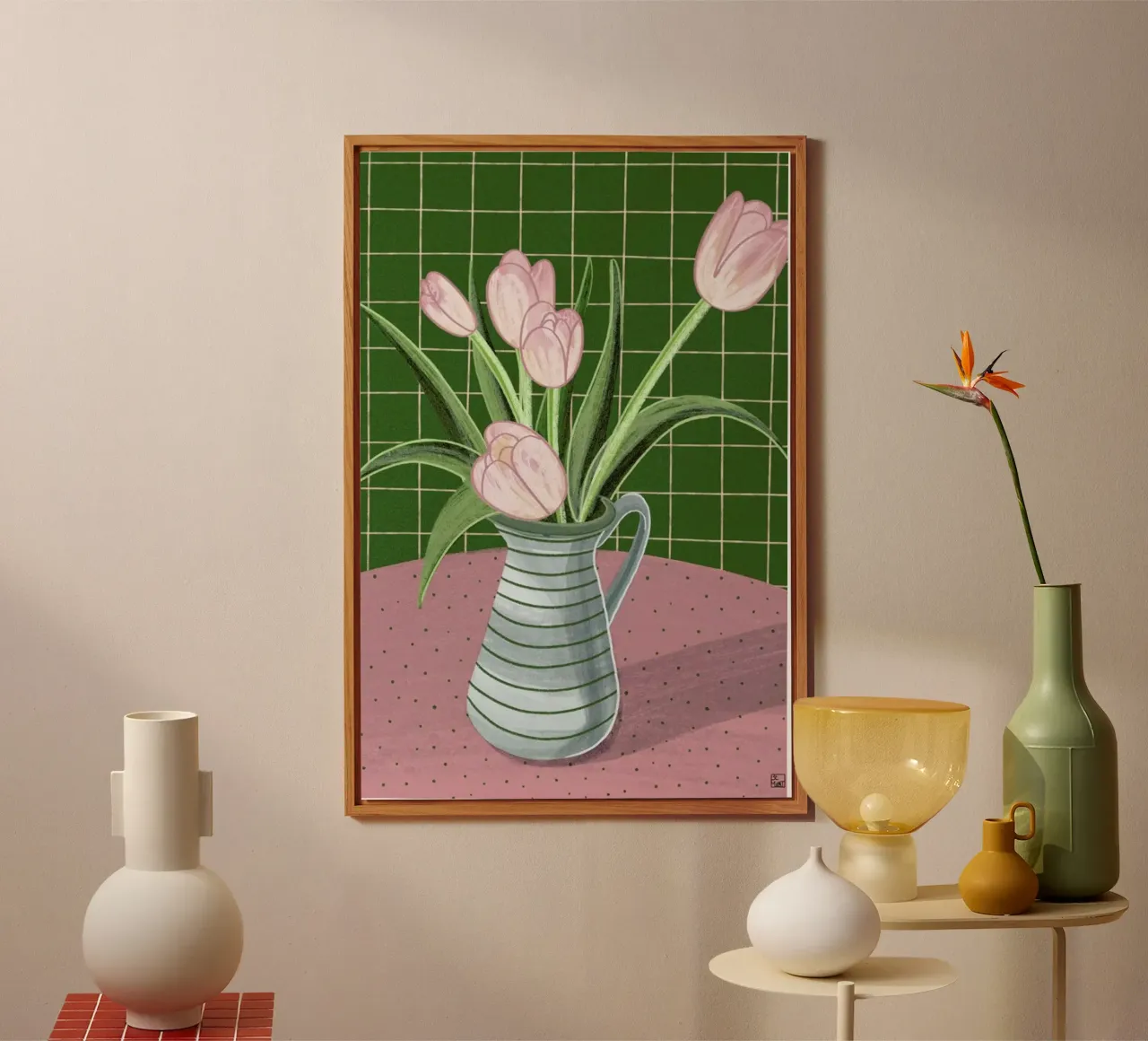 Pink Tulips On Green Checkered Tablecloth pannello forex da Be Mart