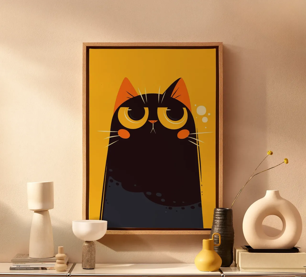 Grappige zwarte kat met gele achtergrond Pop Art canvas met Baklijst van Matthew P Link
