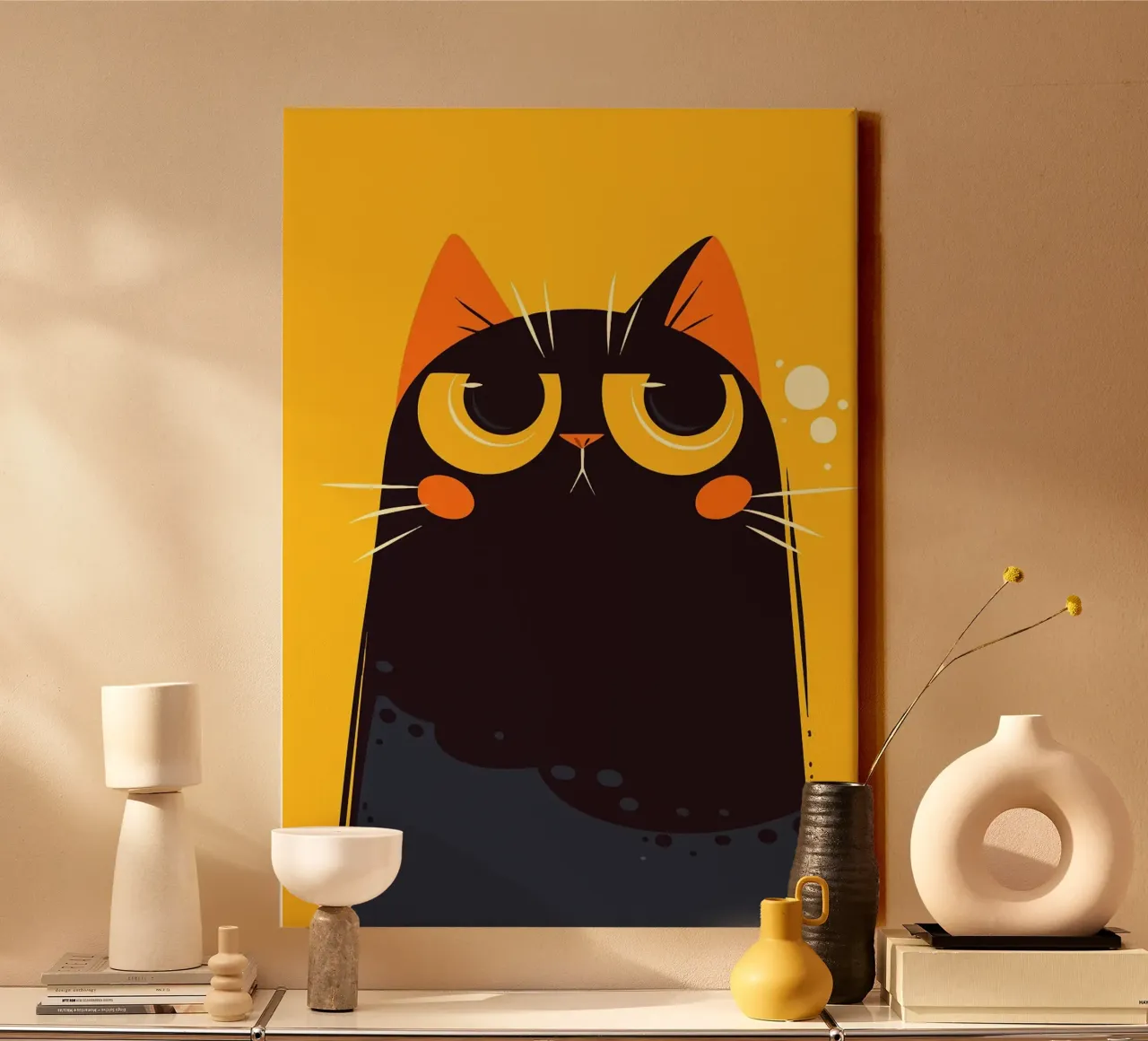 Grappige zwarte kat met gele achtergrond Pop Art canvas met Baklijst van Matthew P Link