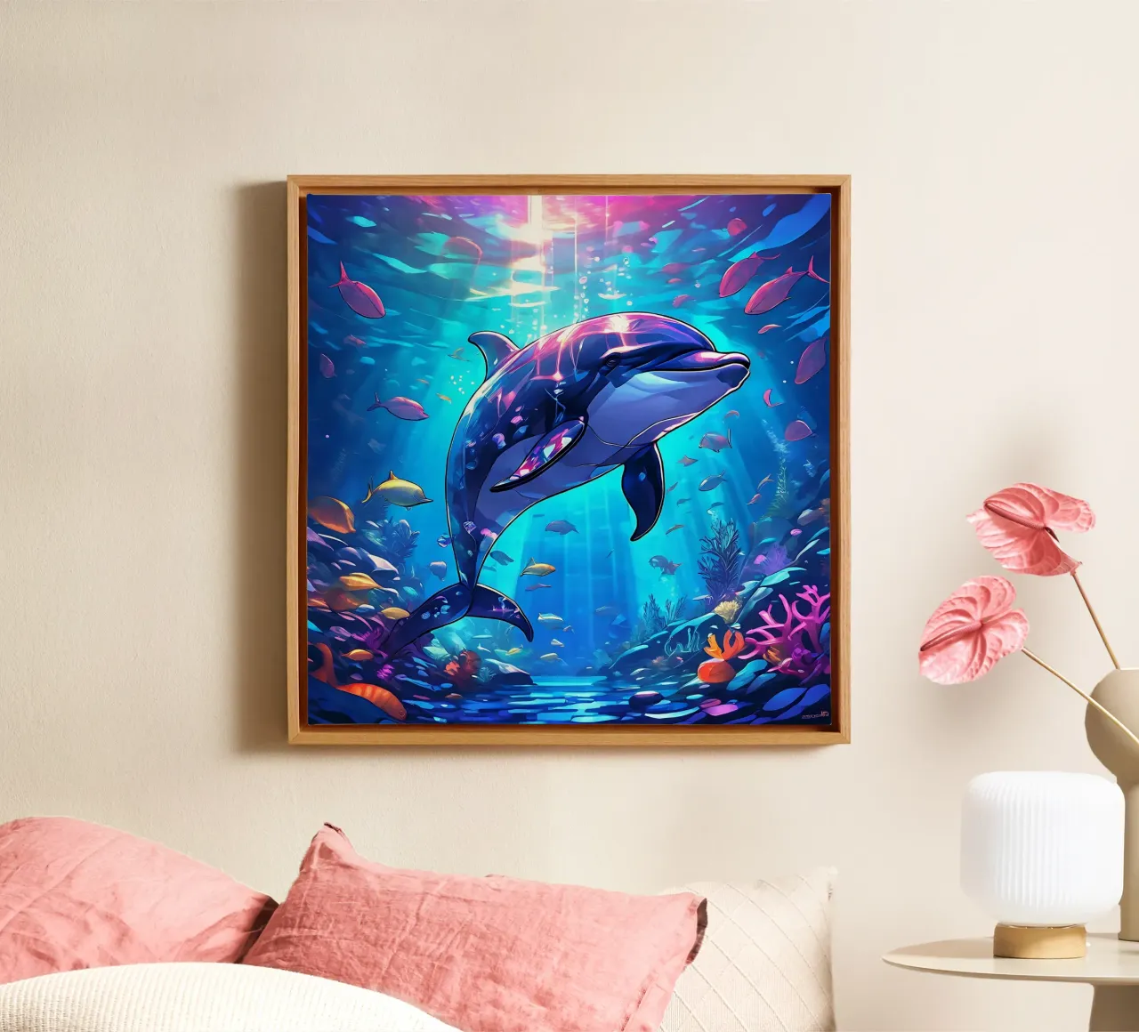 Delphin_Stil_J_1 Leinwand mit Schattenfugenrahmen von Tierisch bunt by LK