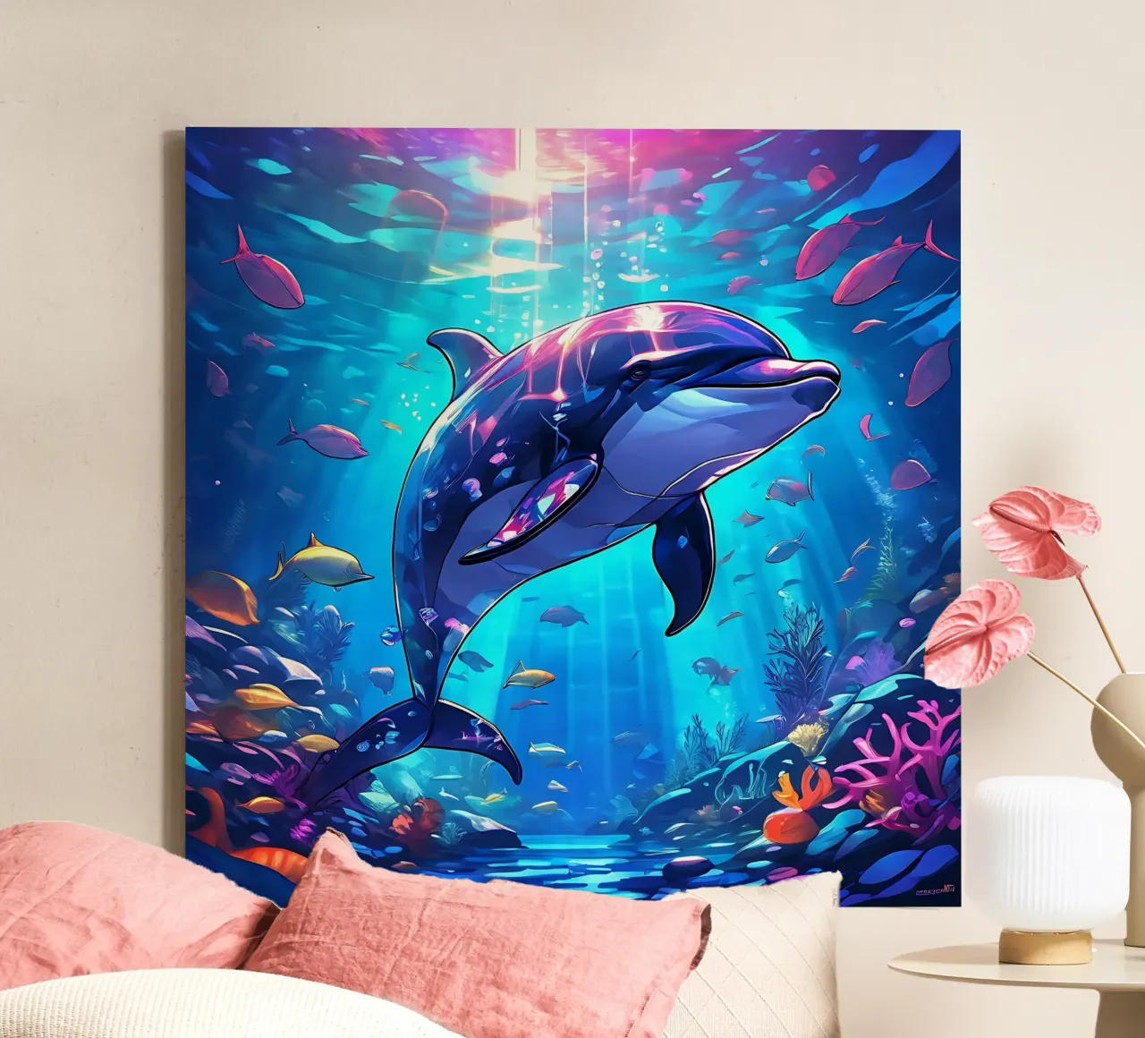 Delphin_Stil_J_1 Leinwand mit Schattenfugenrahmen von Tierisch bunt by LK