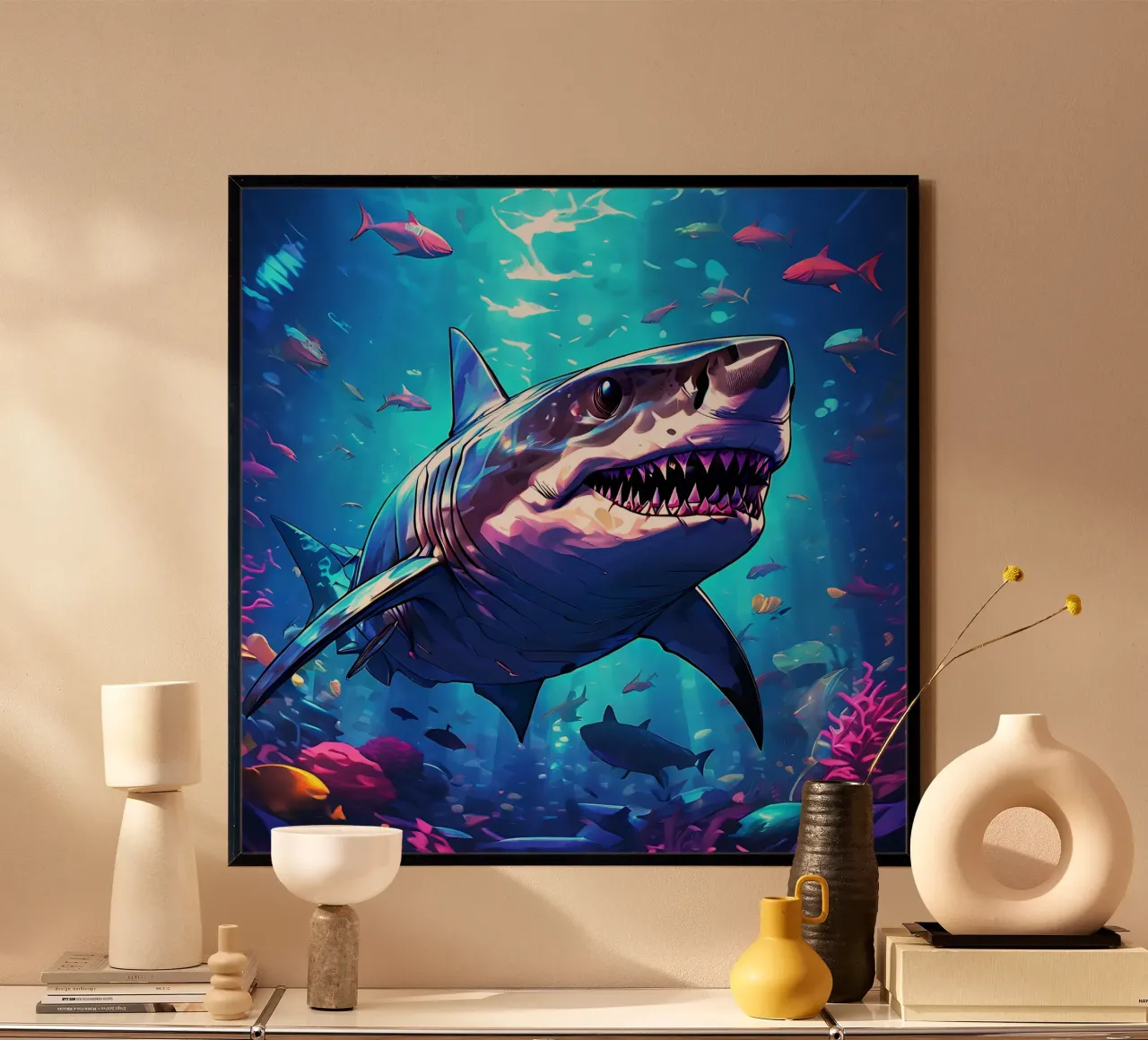 Shark_style_J_1 poster with wooden frame by Tierisch bunt by LK