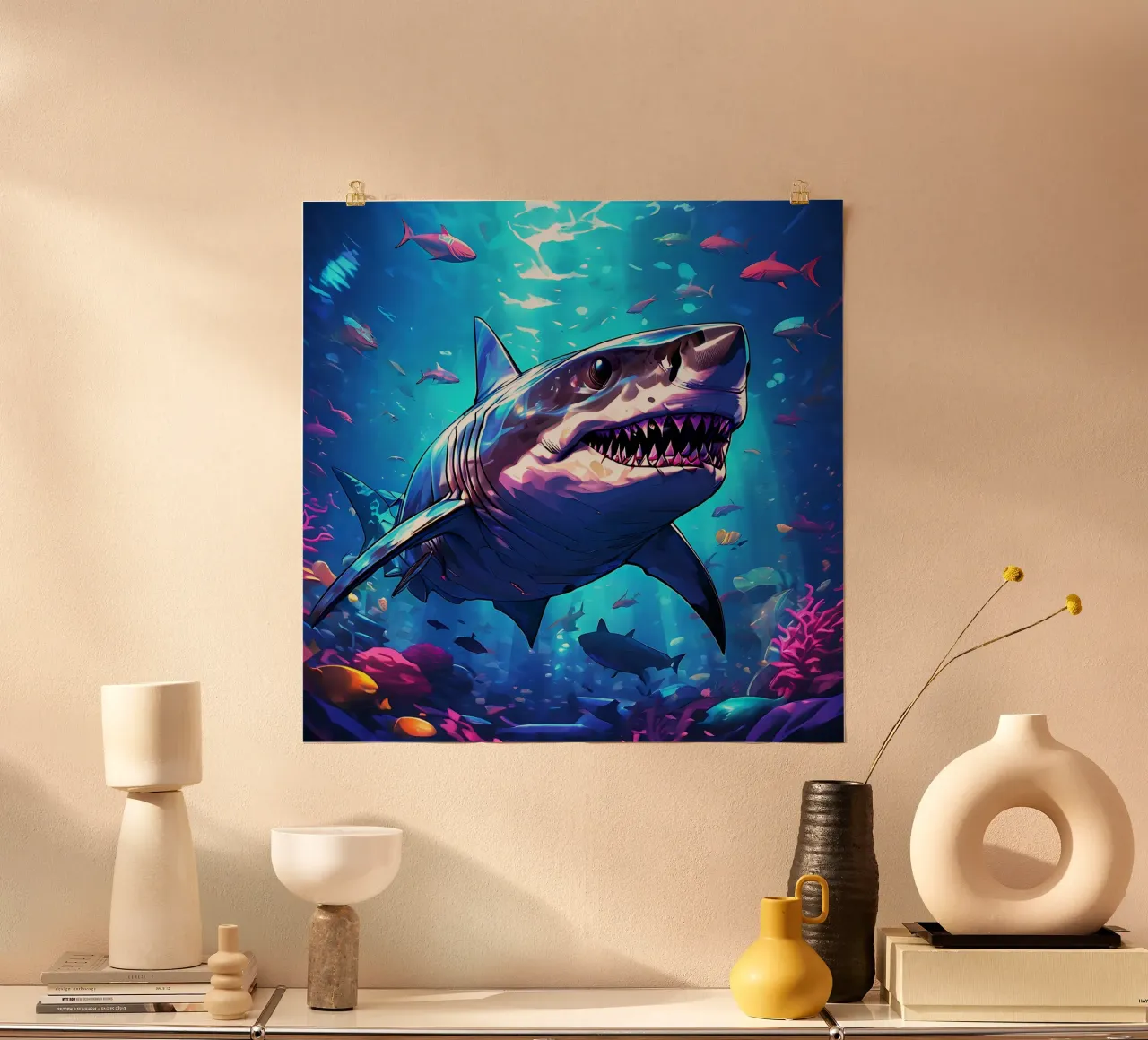 Shark_style_J_1 poster with wooden frame by Tierisch bunt by LK