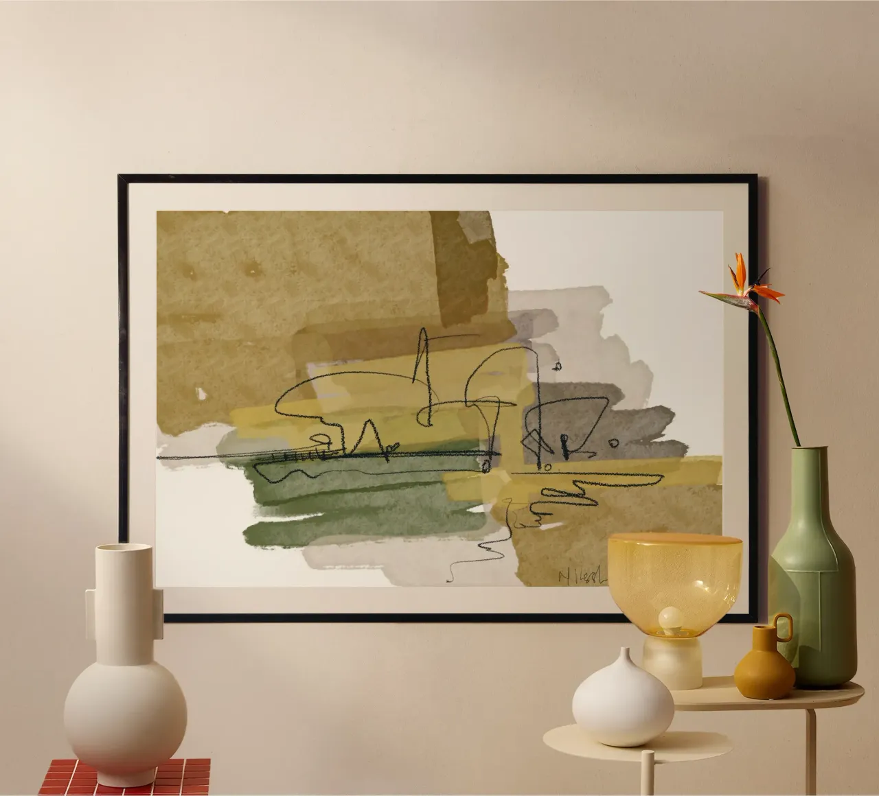 Olivo e ocra poster con telaio in legno da nileshkikuuchise