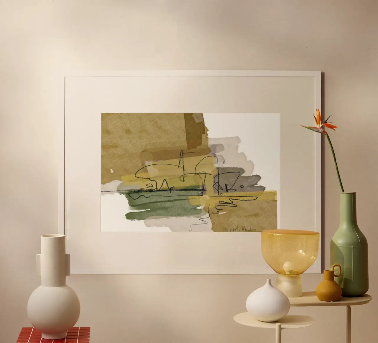 Olivo e ocra poster con telaio in legno da nileshkikuuchise