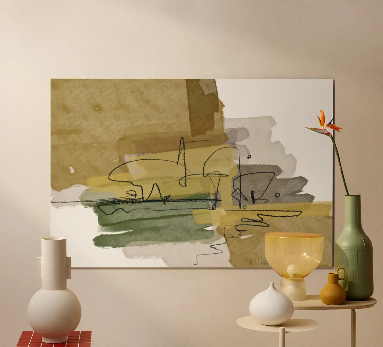 Olivo e ocra poster con telaio in legno da nileshkikuuchise