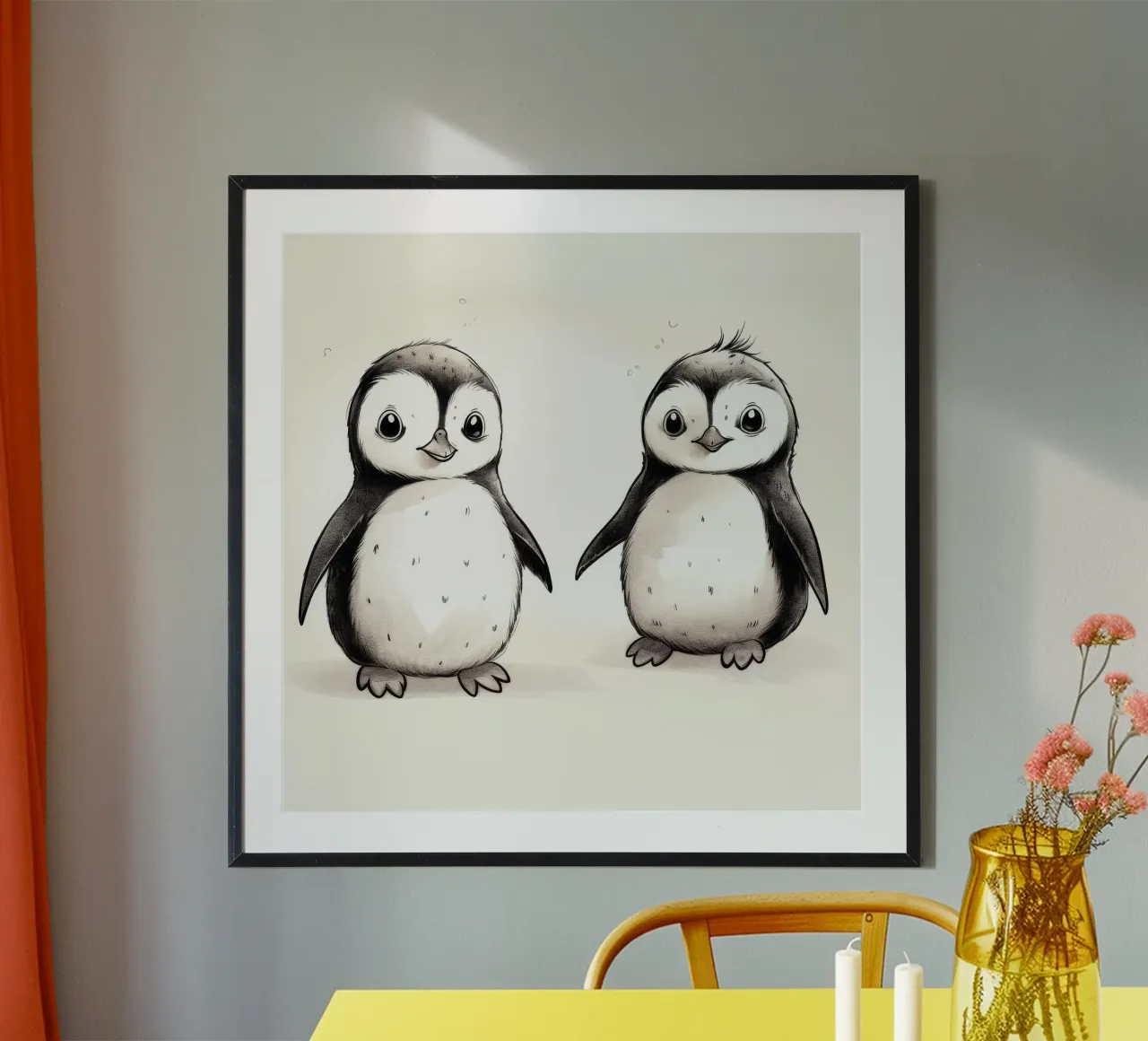 Duo di pinguini retrò poster con telaio in legno da Funny Animals