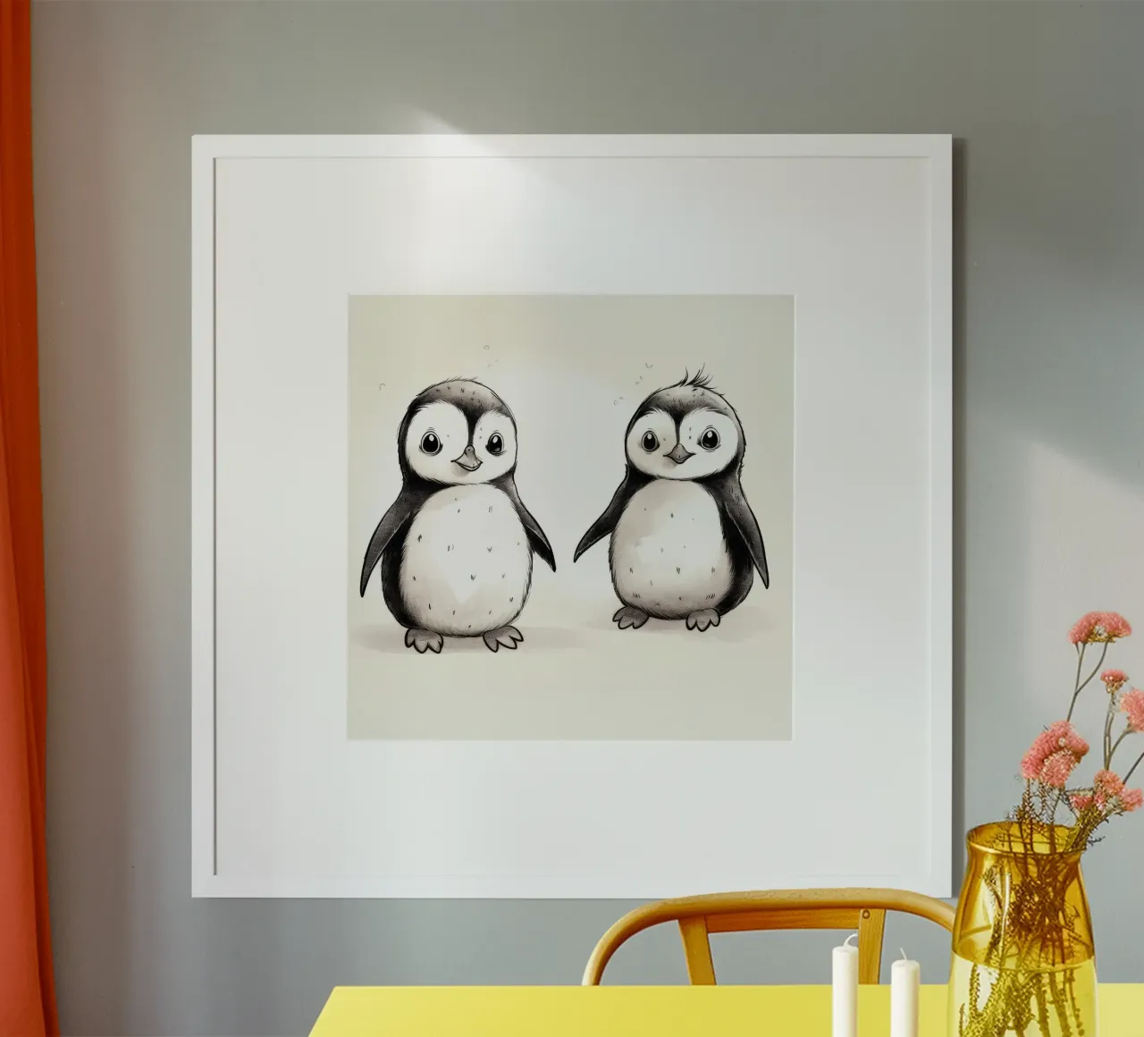 Duo di pinguini retrò poster con telaio in legno da Funny Animals