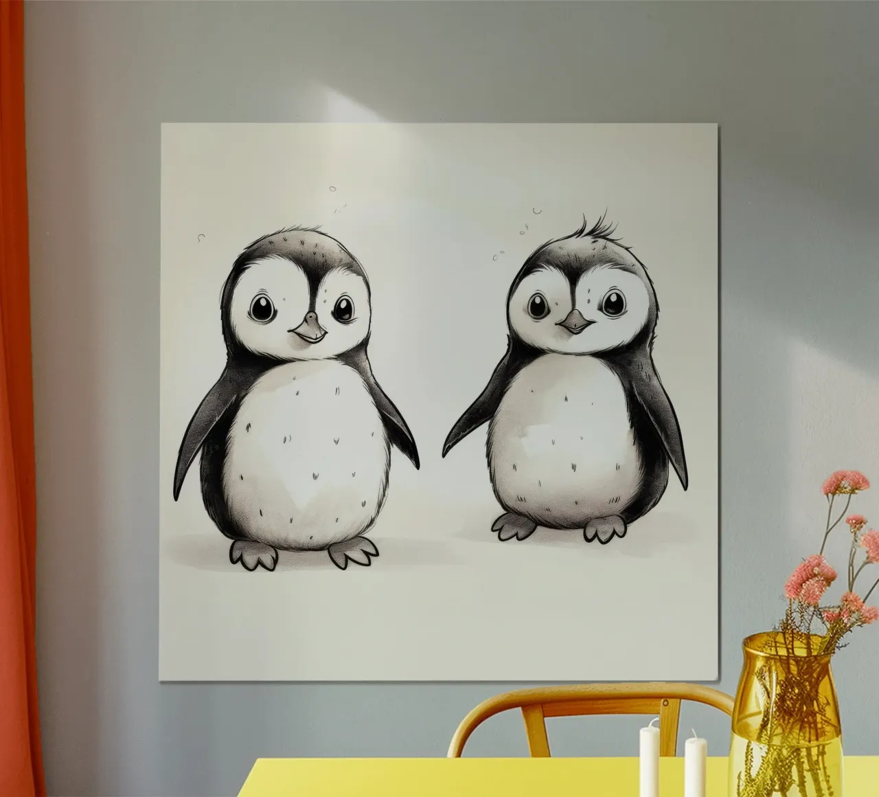 Duo di pinguini retrò poster con telaio in legno da Funny Animals