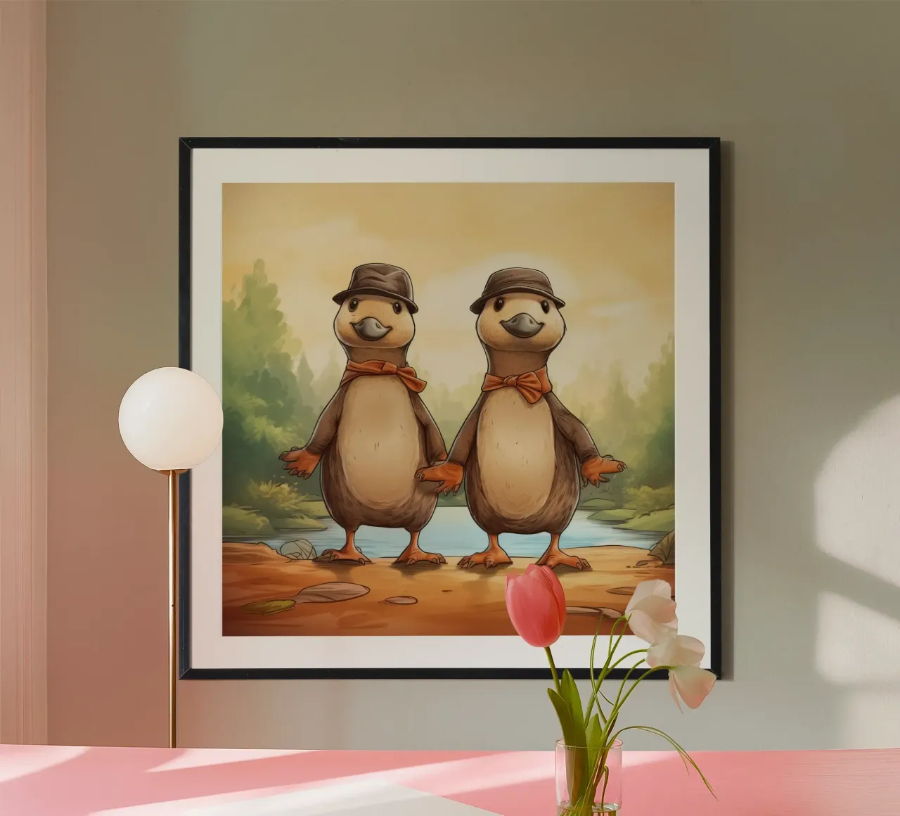 Duo di ornitorinchi retrò poster con telaio in alluminio da Funny Animals