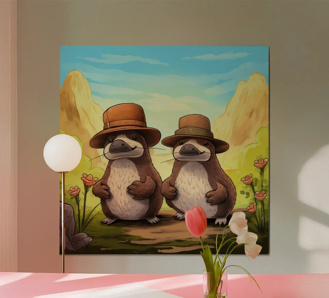 Duo di ornitorinchi retrò poster con telaio in alluminio da Funny Animals
